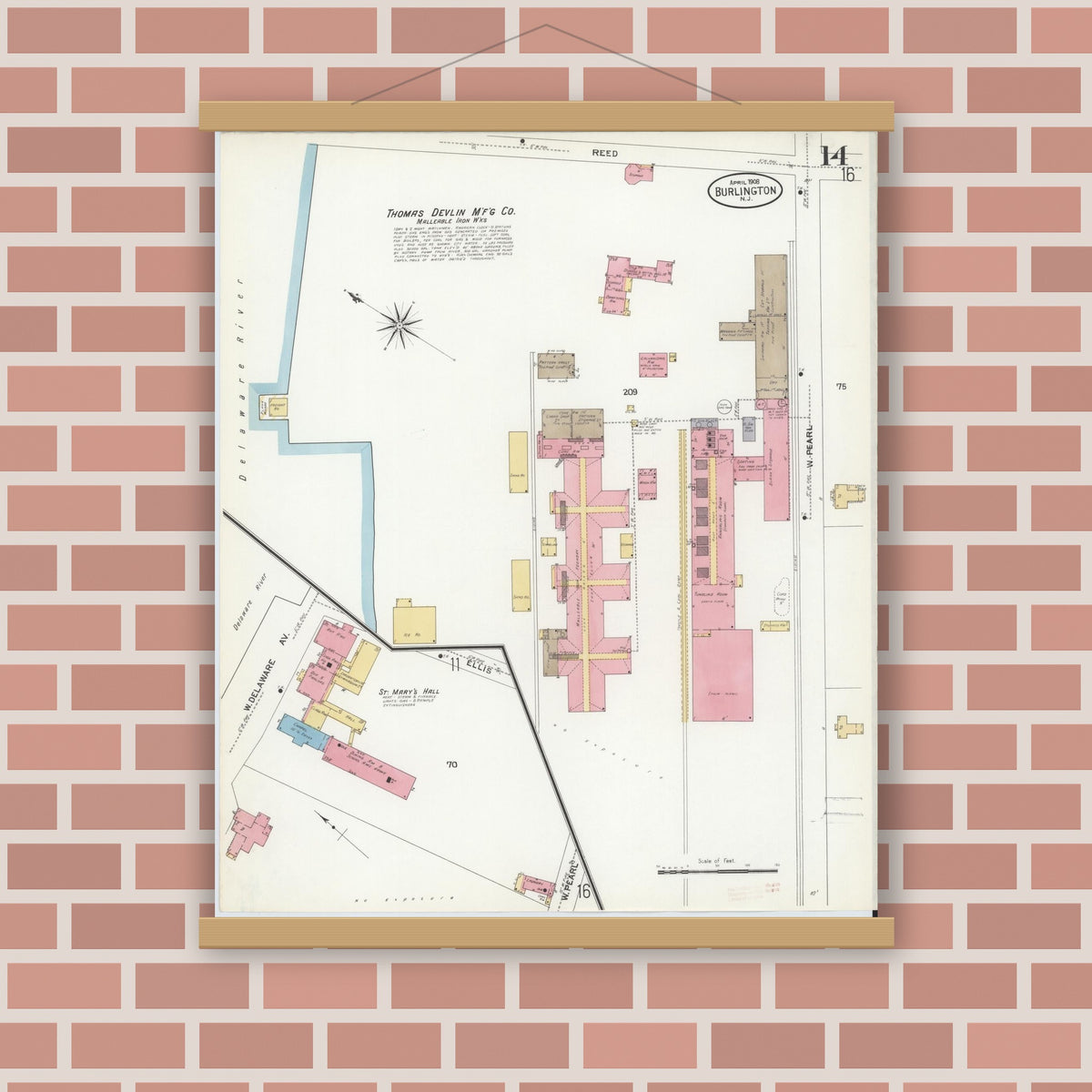 Old map wall art mockup — magnetic wood frame on brick wall — Sanborn Fire Insurance Map from Burlington, Burlington County, New Jersey (1908), Sheet #0013