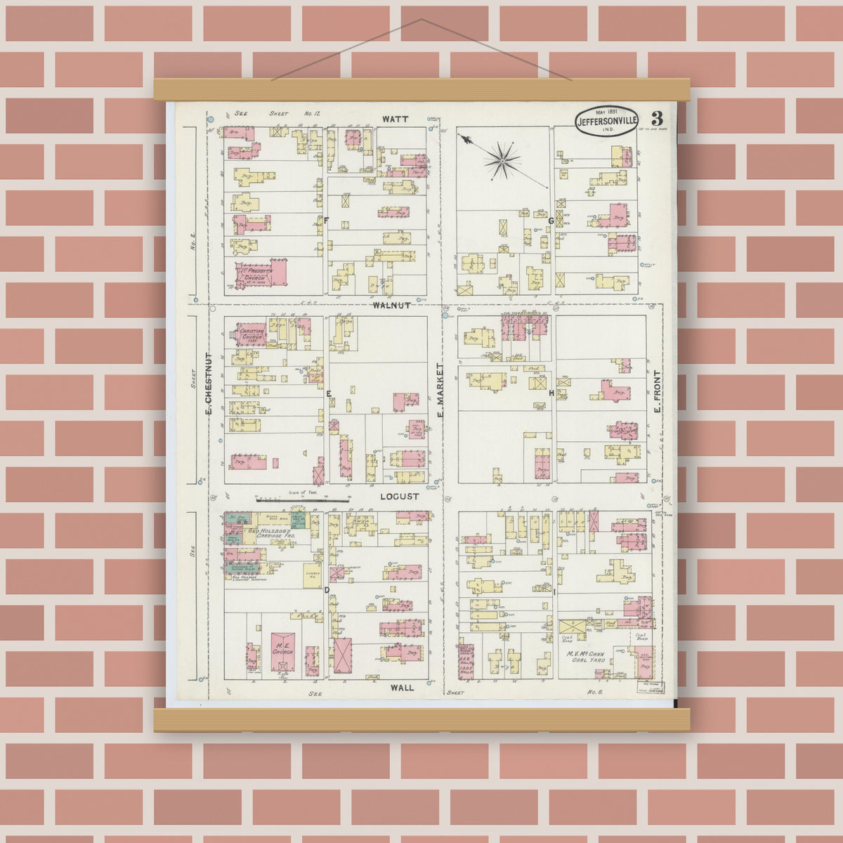 Old map wall art mockup — magnetic wood frame on brick wall — Sanborn Fire Insurance Map from Jeffersonville, Clark County, Indiana (1891), Sheet #0003