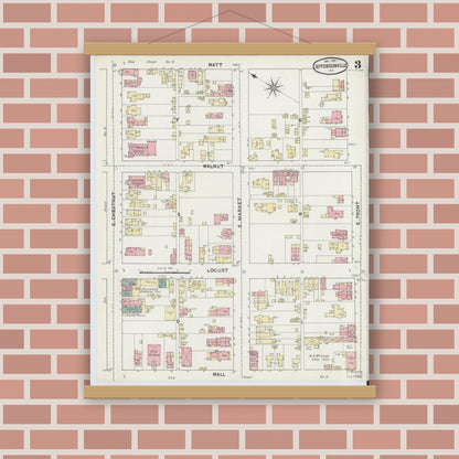 Old map wall art mockup — magnetic wood frame on brick wall — Sanborn Fire Insurance Map from Jeffersonville, Clark County, Indiana (1891), Sheet #0003
