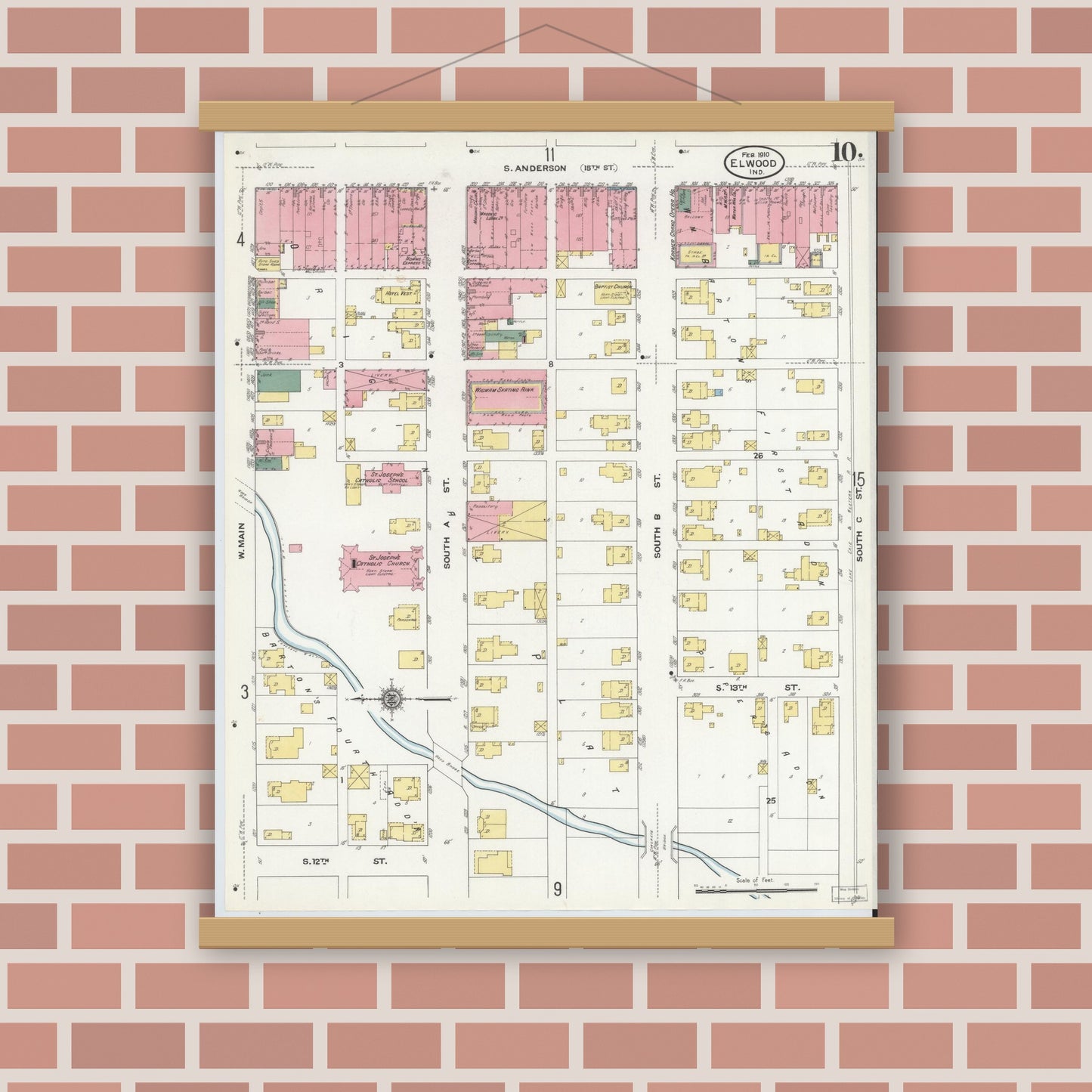 Old map wall art mockup — magnetic wood frame on brick wall — Sanborn Fire Insurance Map from Elwood, Madison County, Indiana (1910), Sheet #0010