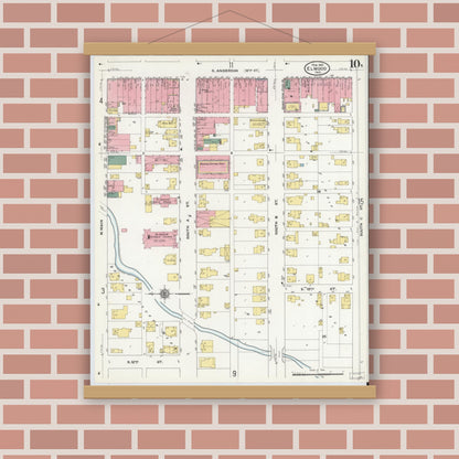 Old map wall art mockup — magnetic wood frame on brick wall — Sanborn Fire Insurance Map from Elwood, Madison County, Indiana (1910), Sheet #0010