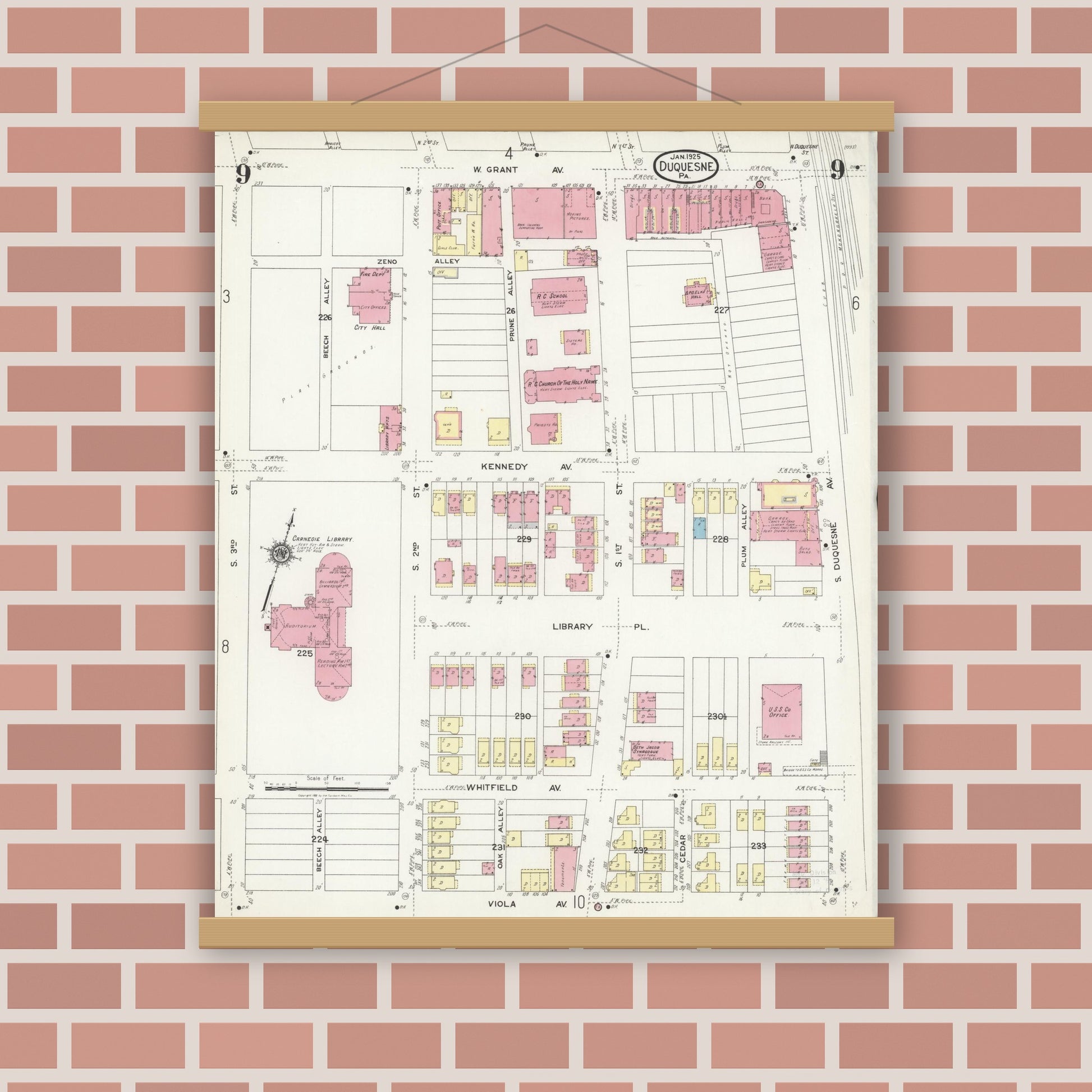 Old map wall art mockup — magnetic wood frame on brick wall — Sanborn Fire Insurance Map from Duquesne, Allegheny County, Pennsylvania (1925), Sheet #0009