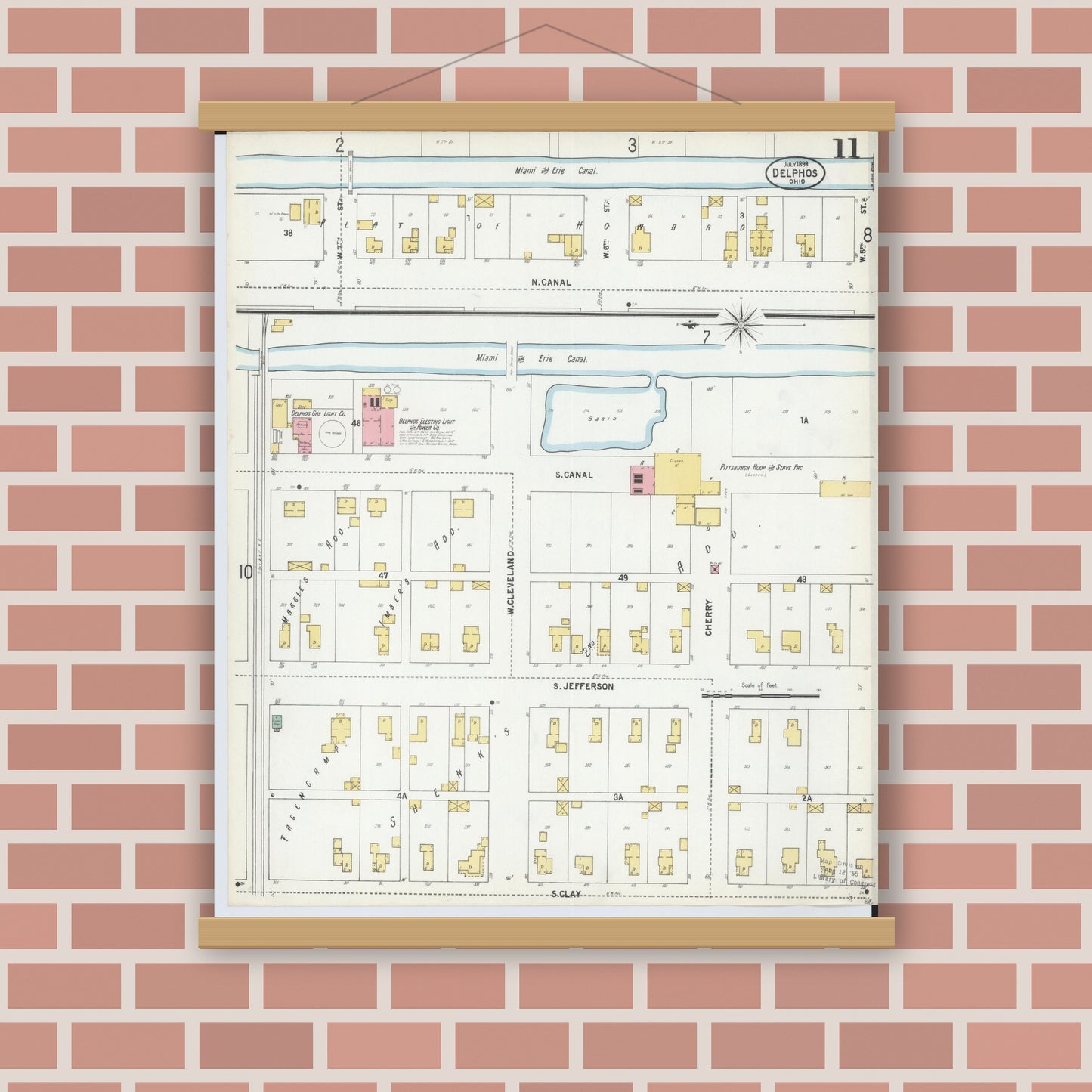 Old map wall art mockup — magnetic wood frame on brick wall — Sanborn Fire Insurance Map from Delphos, Van Wert And Allen Counties, Ohio (1899), Sheet #0011