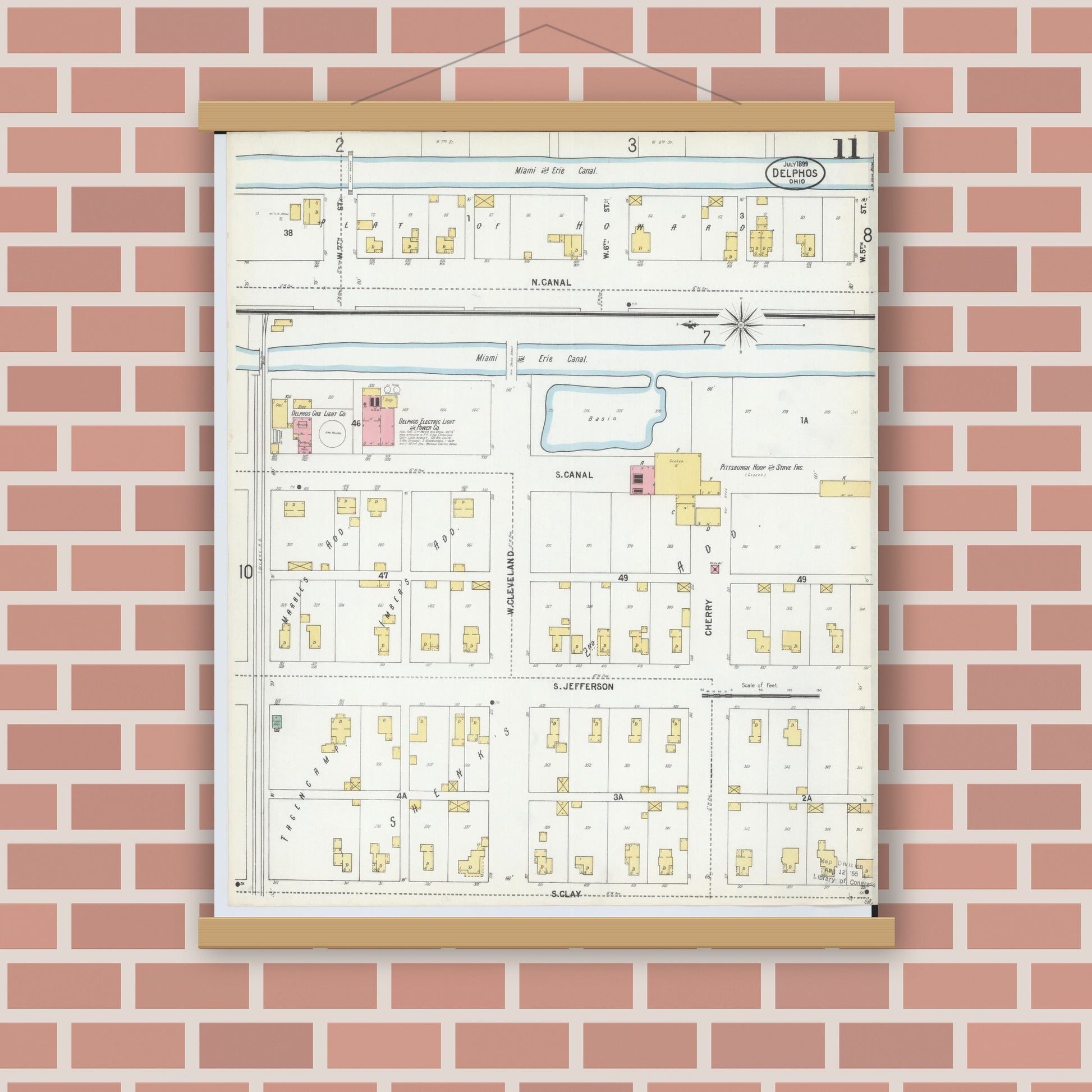 Old map wall art mockup — magnetic wood frame on brick wall — Sanborn Fire Insurance Map from Delphos, Van Wert And Allen Counties, Ohio (1899), Sheet #0011