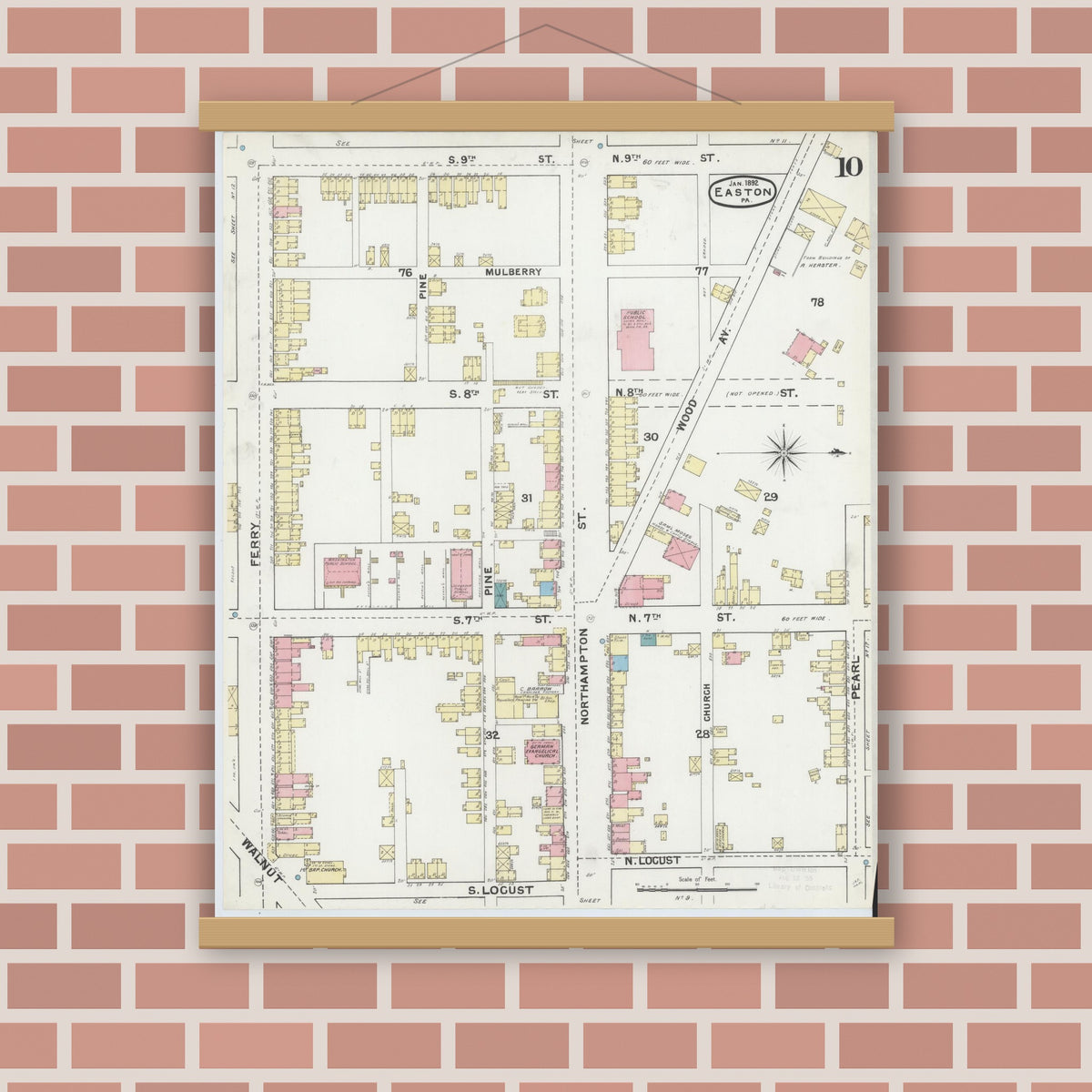 Old map wall art mockup — magnetic wood frame on brick wall — Sanborn Fire Insurance Map from Easton, Northampton County, Pennsylvania (1892), Sheet #0010