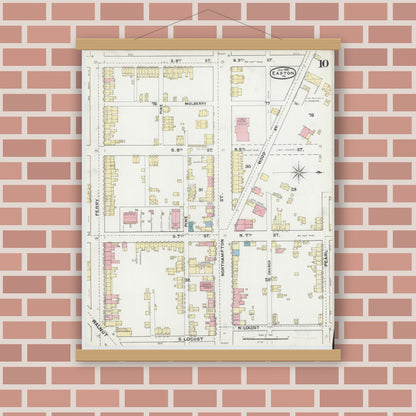 Old map wall art mockup — magnetic wood frame on brick wall — Sanborn Fire Insurance Map from Easton, Northampton County, Pennsylvania (1892), Sheet #0010