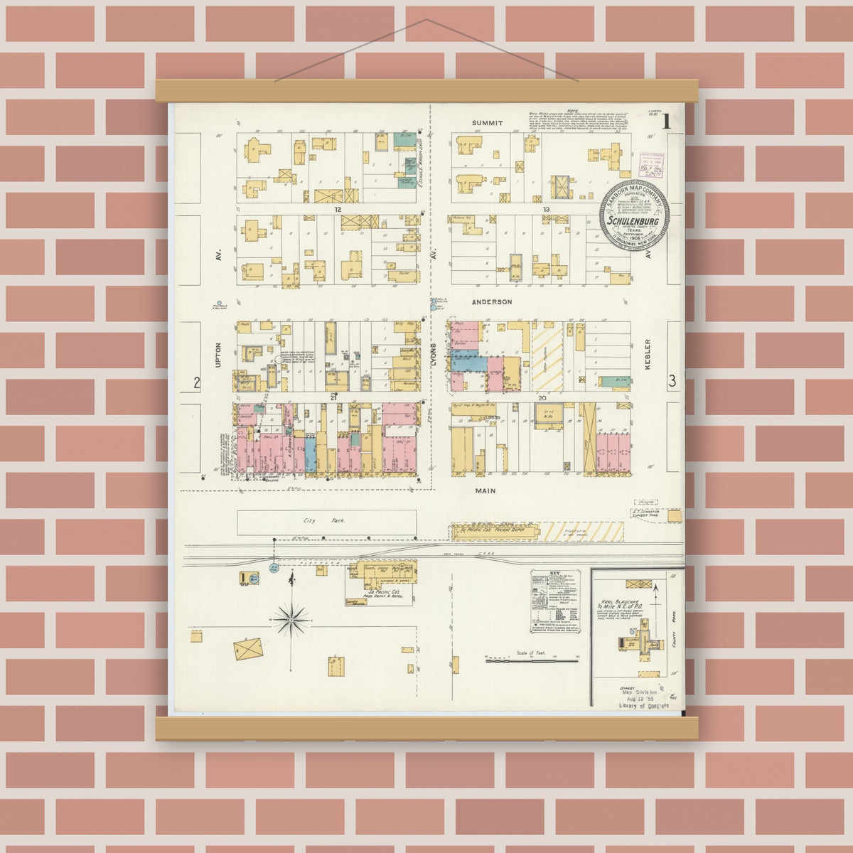 Old map wall art mockup — magnetic wood frame on brick wall — Sanborn Fire Insurance Map from Schulenburg, Fayette County, Texas (1906) - Complete Map Set