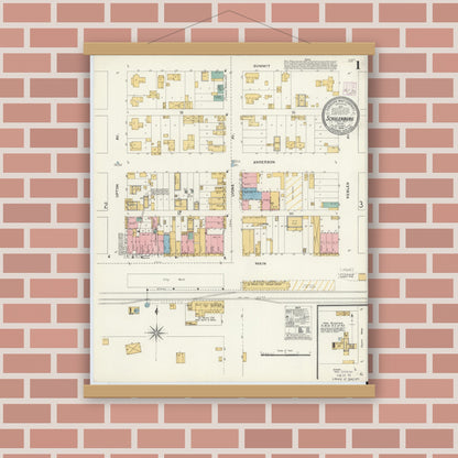 Old map wall art mockup — magnetic wood frame on brick wall — Sanborn Fire Insurance Map from Schulenburg, Fayette County, Texas (1906) - Complete Map Set