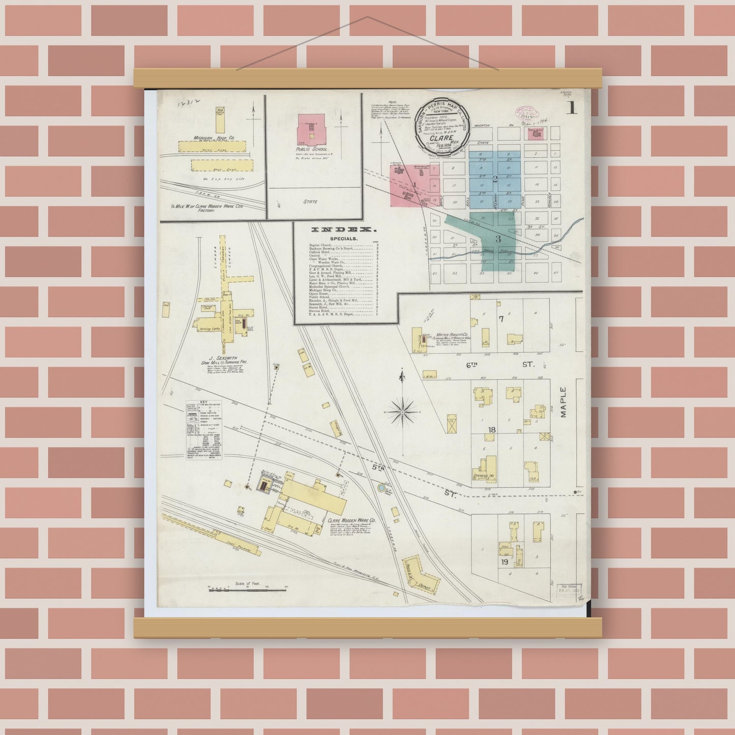 Old map wall art mockup — magnetic wood frame on brick wall — Sanborn Fire Insurance Map from Clare, Clare County, Michigan (1894) - Complete Map Set
