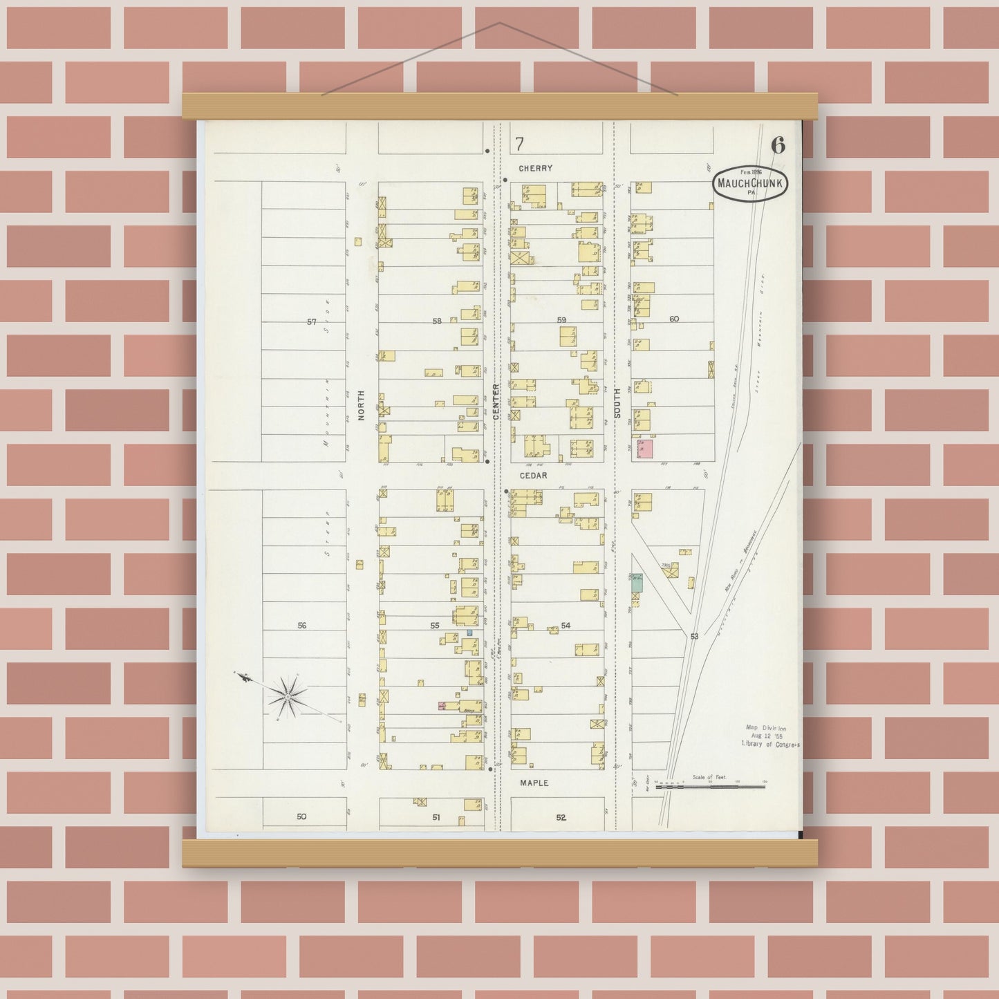 Old map wall art mockup — magnetic wood frame on brick wall — Sanborn Fire Insurance Map from Mauch Chunk, Carbon County, Pennsylvania (1896), Sheet #0006