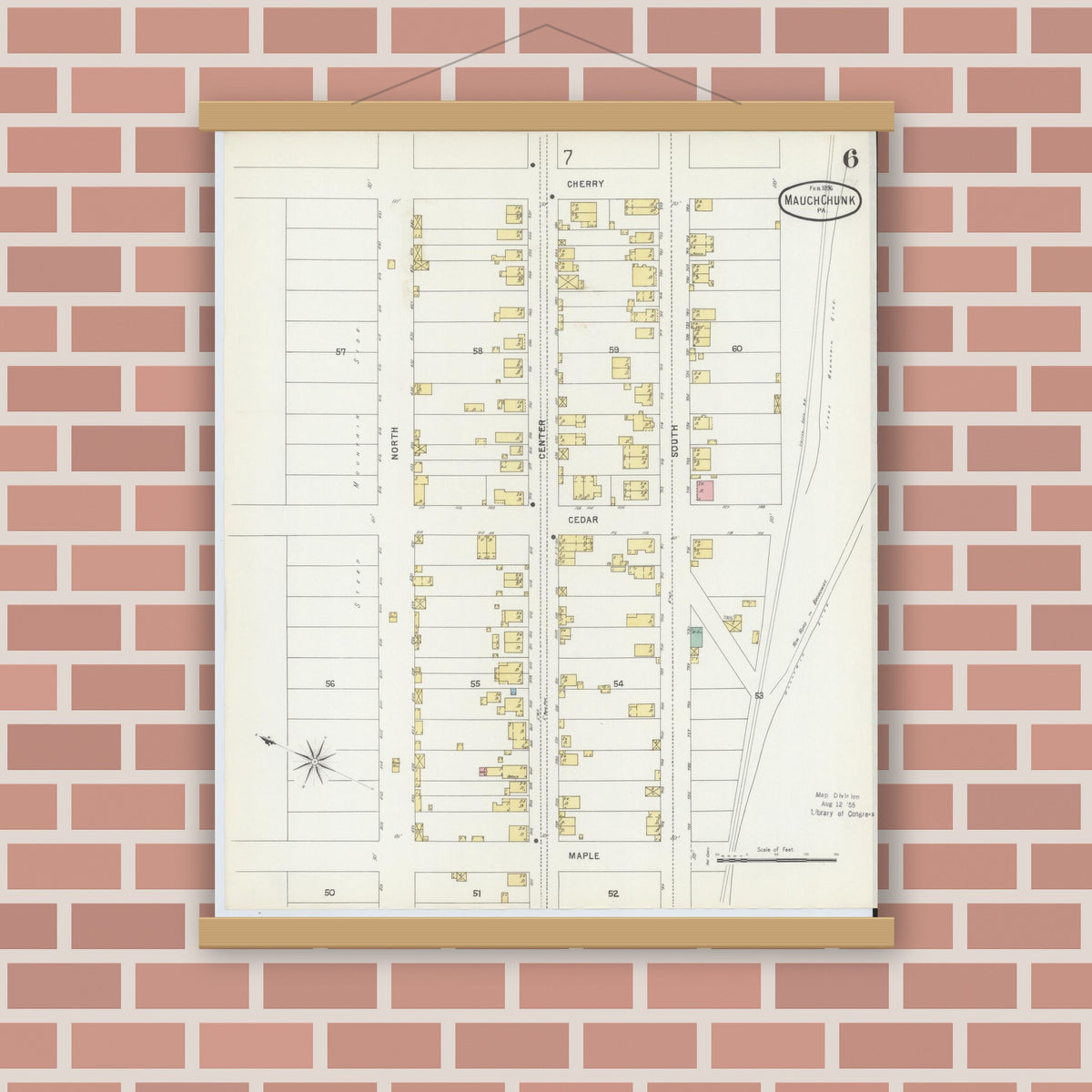 Old map wall art mockup — magnetic wood frame on brick wall — Sanborn Fire Insurance Map from Mauch Chunk, Carbon County, Pennsylvania (1896), Sheet #0006