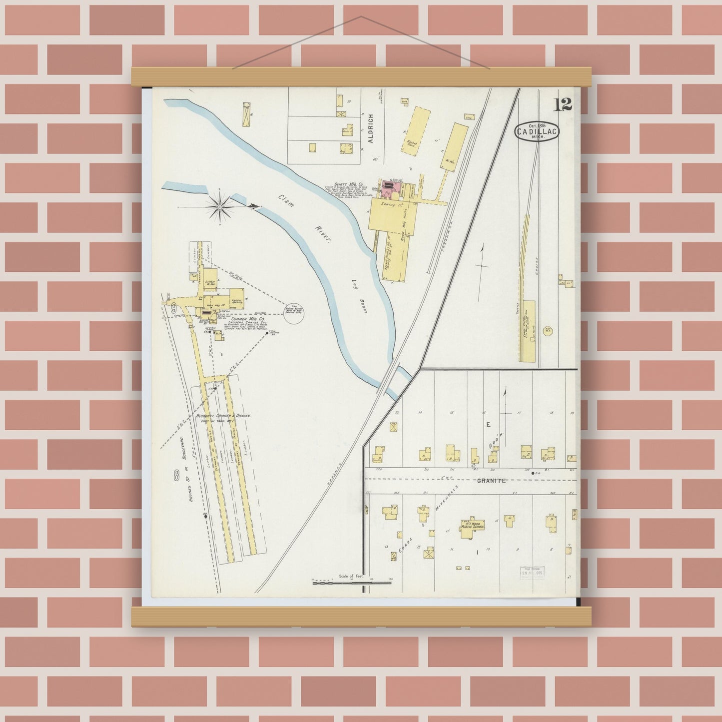 Old map wall art mockup — magnetic wood frame on brick wall — Sanborn Fire Insurance Map from Cadillac, Wexford County, Michigan (1895), Sheet #0012