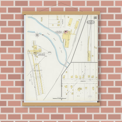 Old map wall art mockup — magnetic wood frame on brick wall — Sanborn Fire Insurance Map from Cadillac, Wexford County, Michigan (1895), Sheet #0012