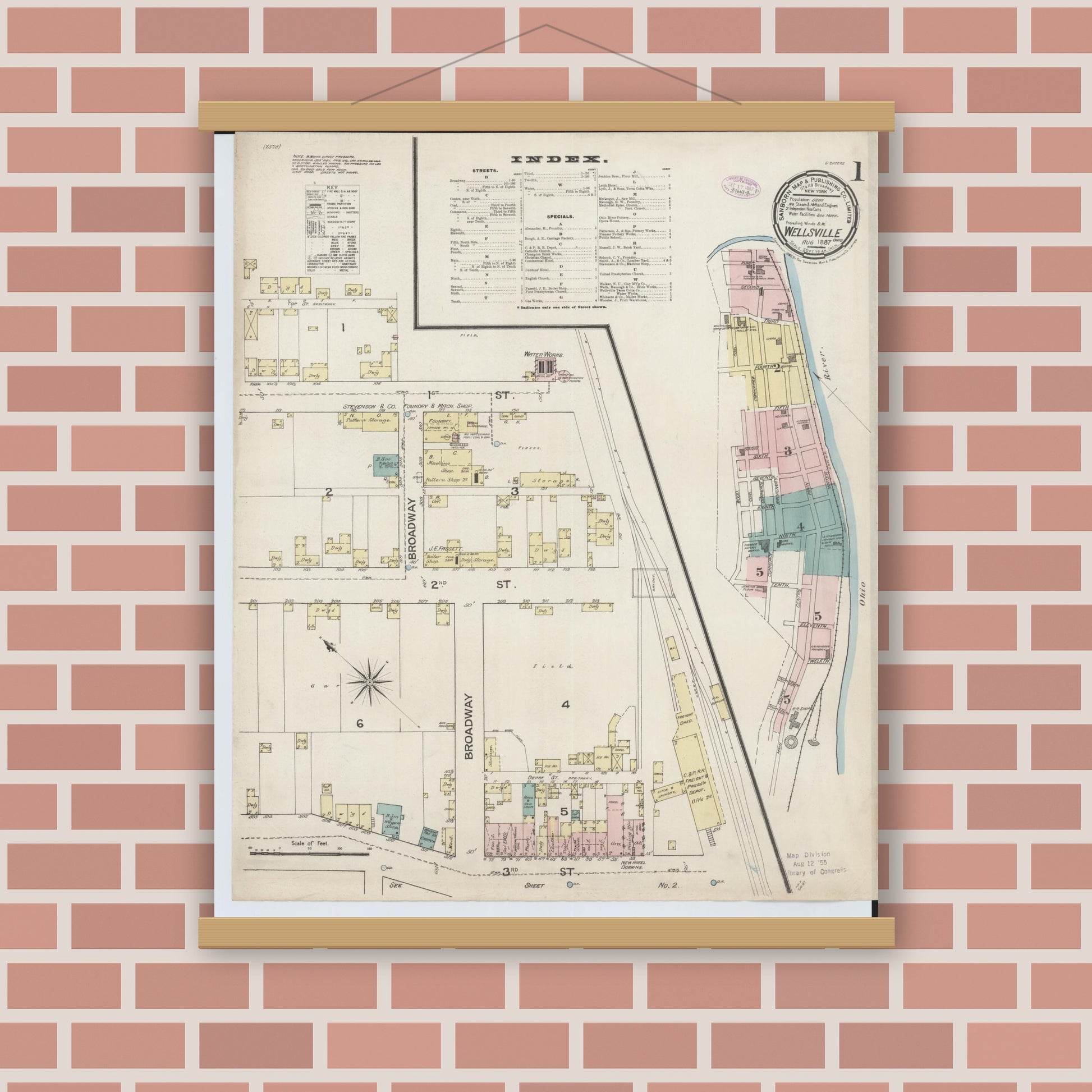 Old map wall art mockup — magnetic wood frame on brick wall — Sanborn Fire Insurance Map from Wellsville, Columbiana County, Ohio (1887) - Complete Map Set
