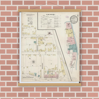 Old map wall art mockup — magnetic wood frame on brick wall — Sanborn Fire Insurance Map from Wellsville, Columbiana County, Ohio (1887) - Complete Map Set