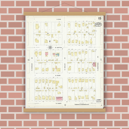 Old map wall art mockup — magnetic wood frame on brick wall — Sanborn Fire Insurance Map from Denison, Grayson County, Texas (1908), Sheet #0015