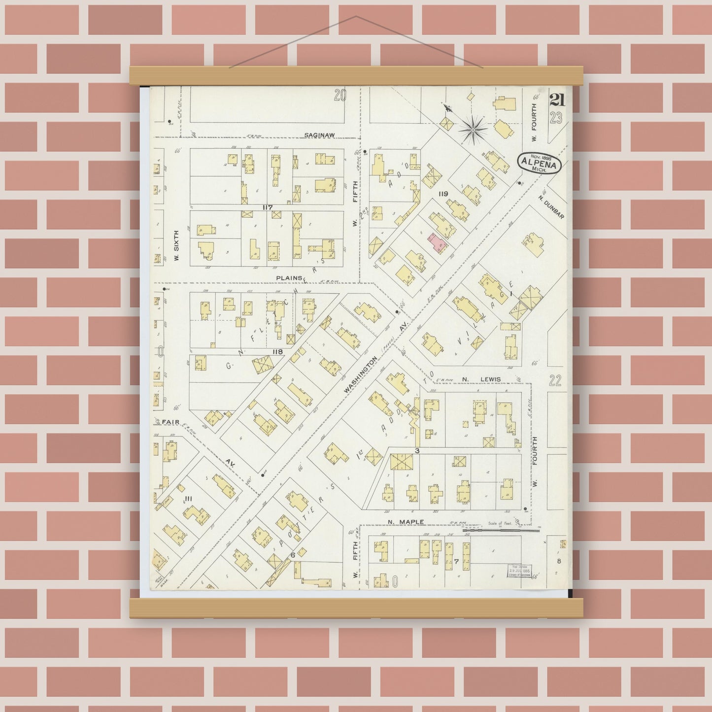 Old map wall art mockup — magnetic wood frame on brick wall — Sanborn Fire Insurance Map from Alpena, Alpena County, Michigan (1895), Sheet #0021