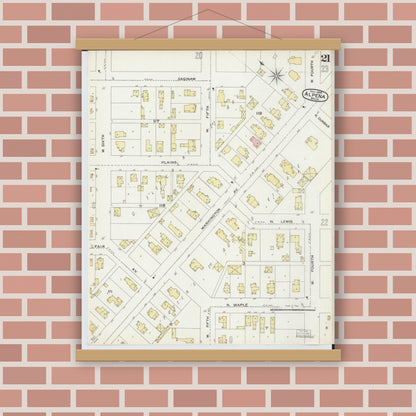 Old map wall art mockup — magnetic wood frame on brick wall — Sanborn Fire Insurance Map from Alpena, Alpena County, Michigan (1895), Sheet #0021