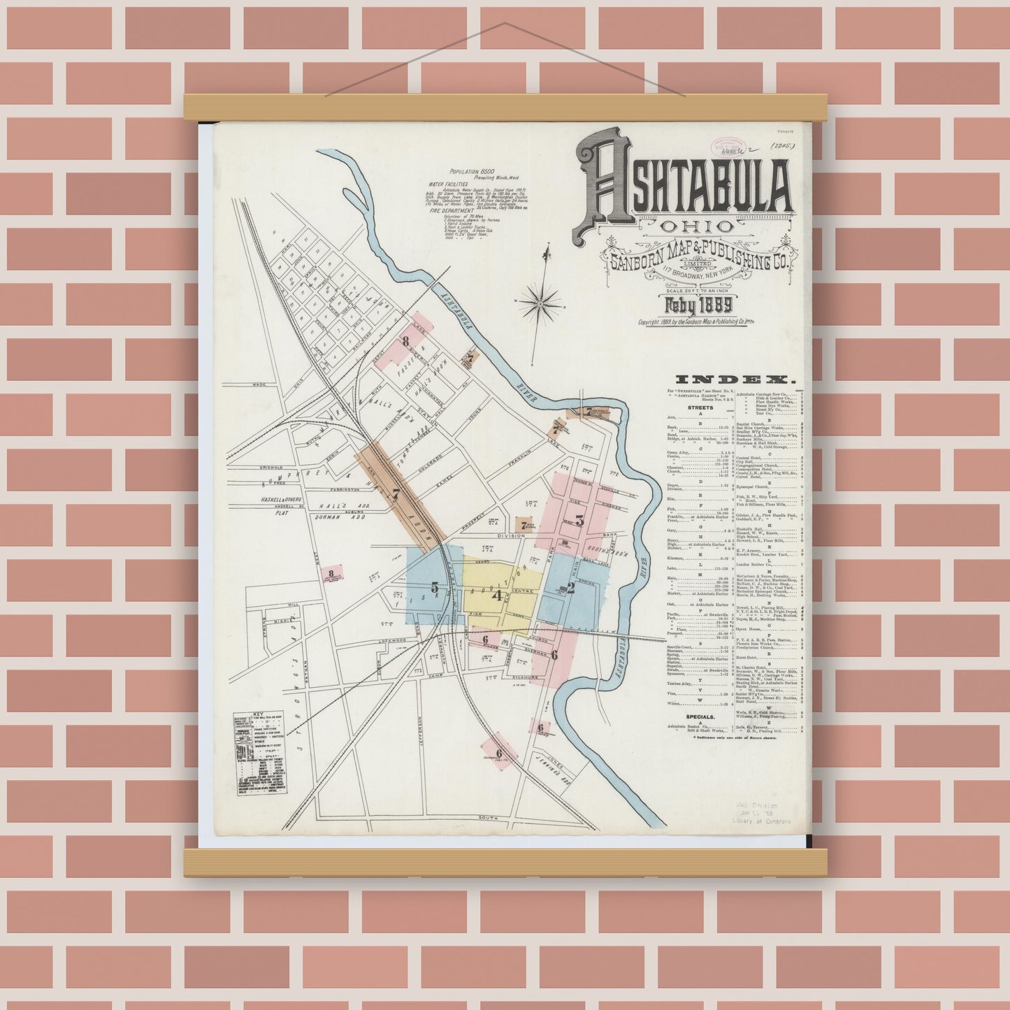 Old map wall art mockup — magnetic wood frame on brick wall — Sanborn Fire Insurance Map from Ashtabula, Ashtabula County, Ohio (1889) - Complete Map Set