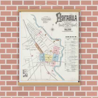 Old map wall art mockup — magnetic wood frame on brick wall — Sanborn Fire Insurance Map from Ashtabula, Ashtabula County, Ohio (1889) - Complete Map Set