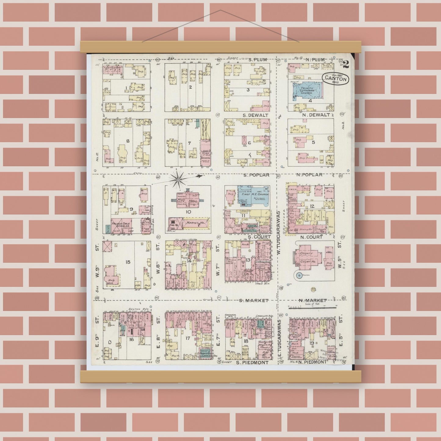 Old map wall art mockup — magnetic wood frame on brick wall — Sanborn Fire Insurance Map from Canton, Stark County, Ohio (1887), Sheet #0002