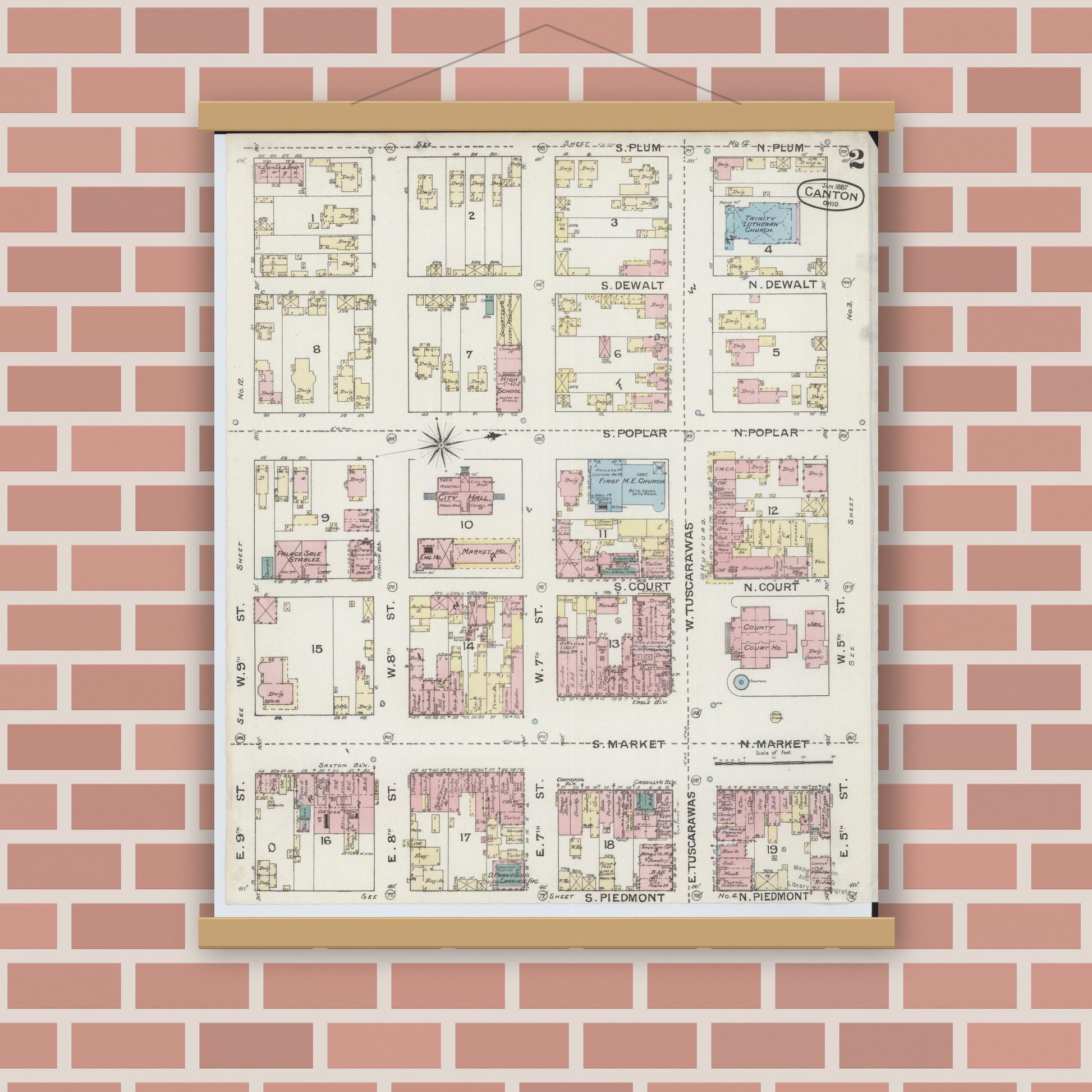 Old map wall art mockup — magnetic wood frame on brick wall — Sanborn Fire Insurance Map from Canton, Stark County, Ohio (1887), Sheet #0002