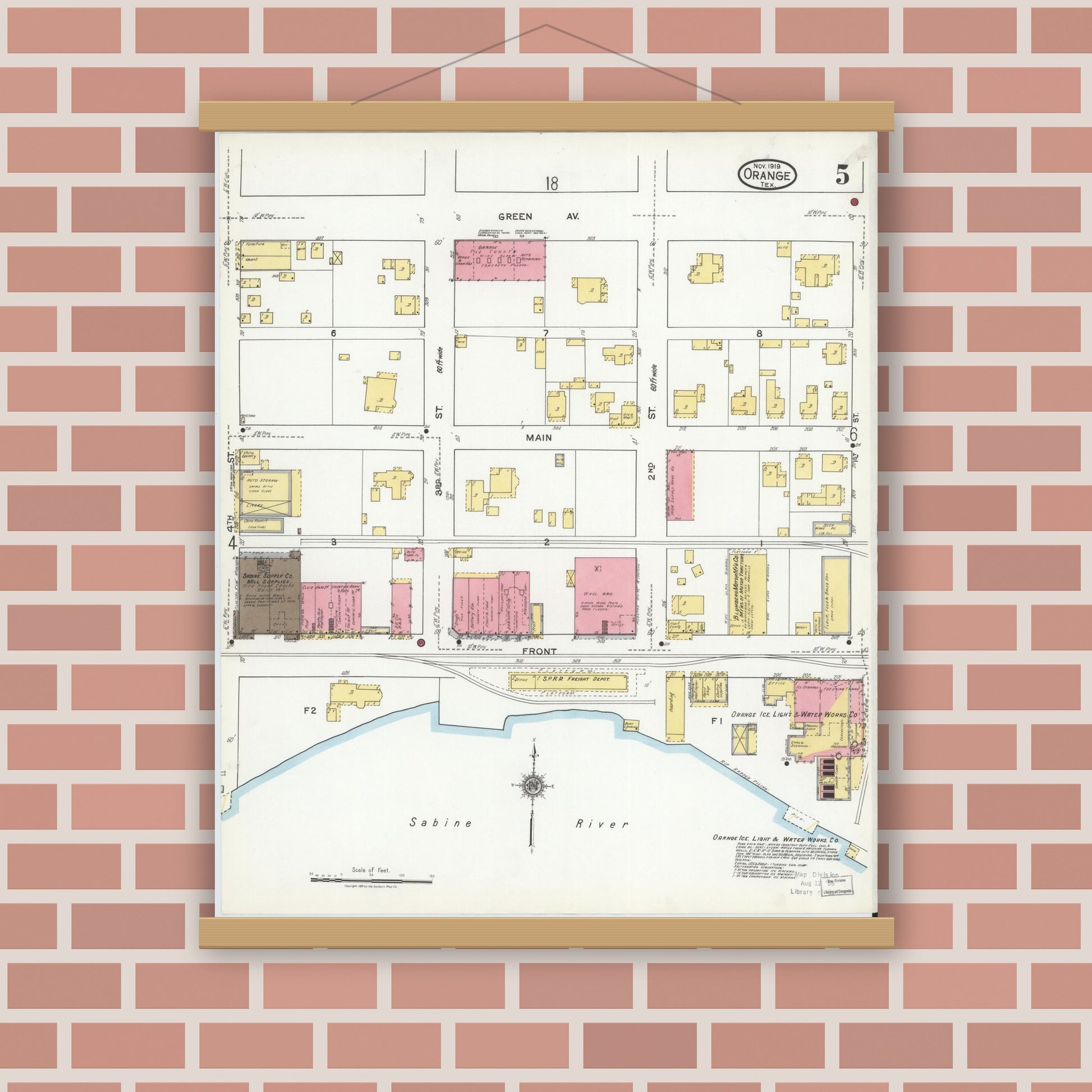 Old map wall art mockup — magnetic wood frame on brick wall — Sanborn Fire Insurance Map from Orange, Orange County, Texas (1919), Sheet #0005