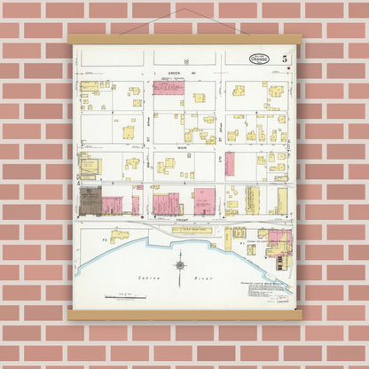 Old map wall art mockup — magnetic wood frame on brick wall — Sanborn Fire Insurance Map from Orange, Orange County, Texas (1919), Sheet #0005