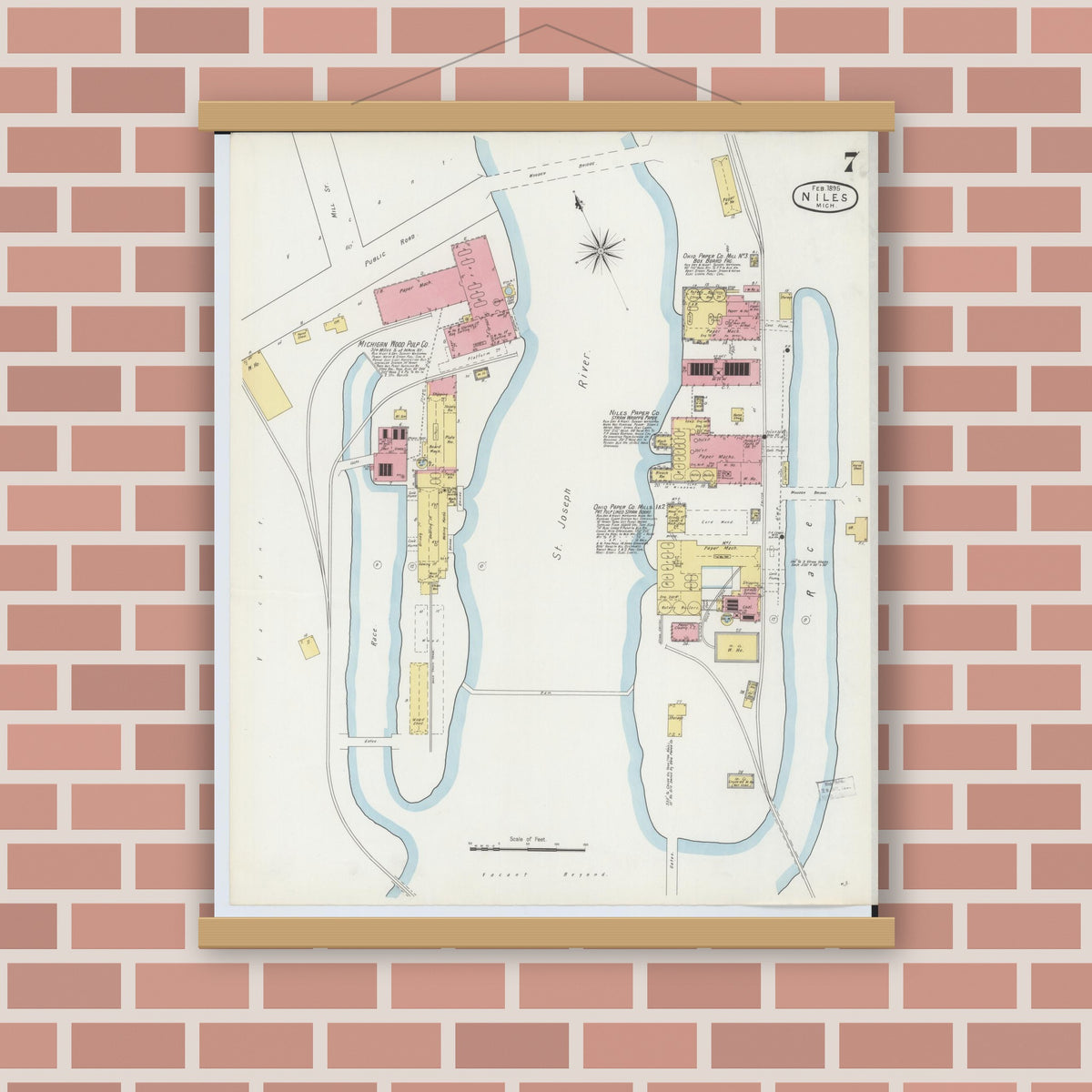 Old map wall art mockup — magnetic wood frame on brick wall — Sanborn Fire Insurance Map from Niles, Berrien County, Michigan (1895), Sheet #0007