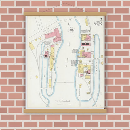 Old map wall art mockup — magnetic wood frame on brick wall — Sanborn Fire Insurance Map from Niles, Berrien County, Michigan (1895), Sheet #0007
