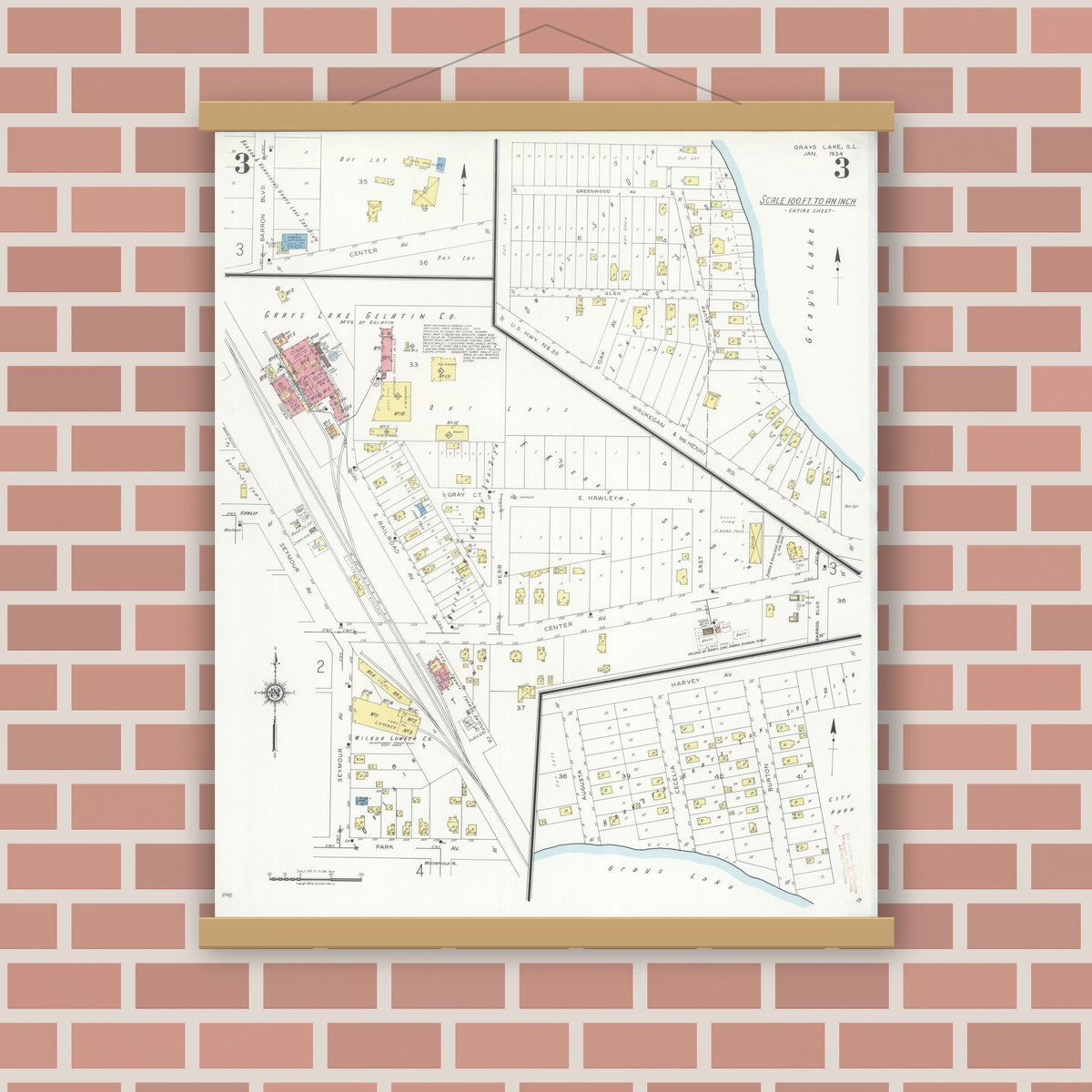 Old map wall art mockup — magnetic wood frame on brick wall — Sanborn Fire Insurance Map from Grays Lake, Lake County, Illinois (1934), Sheet #0003