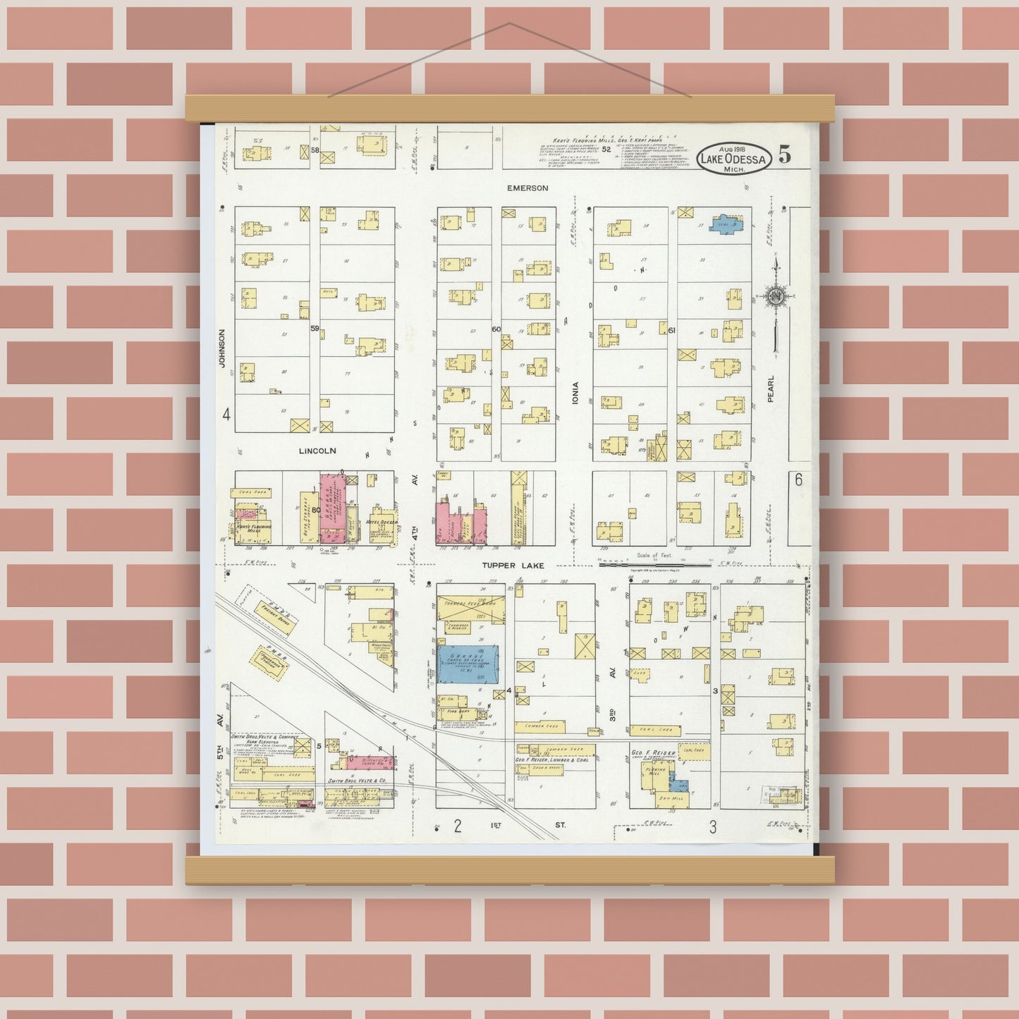Old map wall art mockup — magnetic wood frame on brick wall — Sanborn Fire Insurance Map from Lake Odessa, Ionia County, Michigan (1918), Sheet #0005