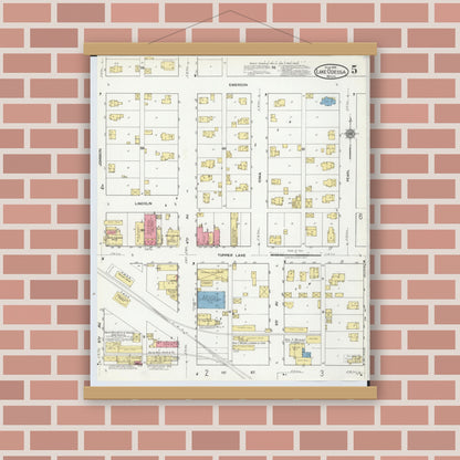 Old map wall art mockup — magnetic wood frame on brick wall — Sanborn Fire Insurance Map from Lake Odessa, Ionia County, Michigan (1918), Sheet #0005