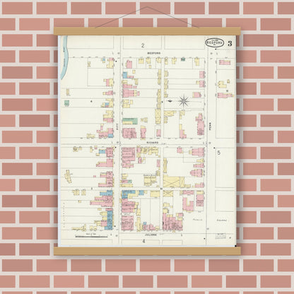Old map wall art mockup — magnetic wood frame on brick wall — Sanborn Fire Insurance Map from Bedford, Bedford County, Pennsylvania (1896), Sheet #0003