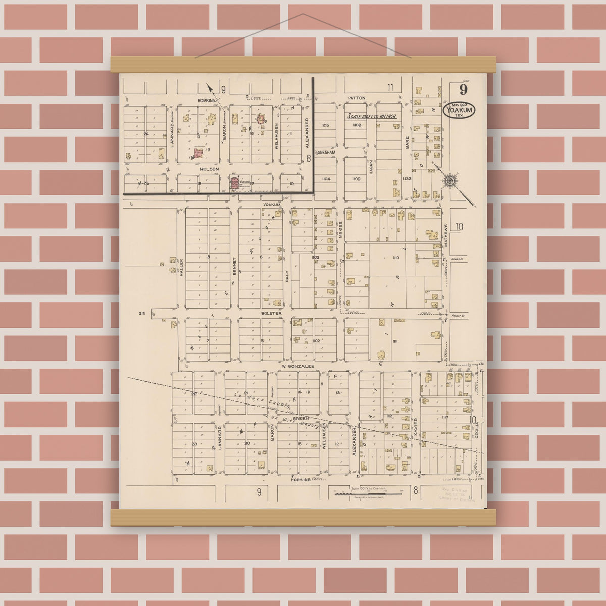 Old map wall art mockup — magnetic wood frame on brick wall — Sanborn Fire Insurance Map from Yoakum, De Witt And Lavaca Counties, Texas (1922), Sheet #0009