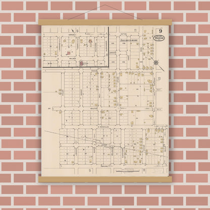 Old map wall art mockup — magnetic wood frame on brick wall — Sanborn Fire Insurance Map from Yoakum, De Witt And Lavaca Counties, Texas (1922), Sheet #0009