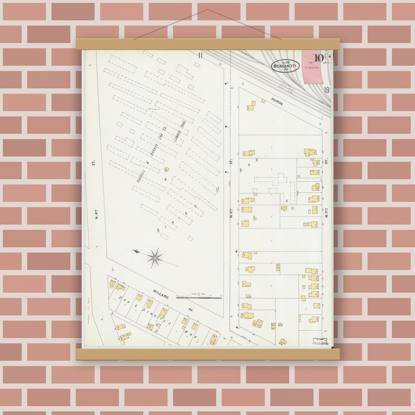 Old map wall art mockup — magnetic wood frame on brick wall — Sanborn Fire Insurance Map from Michigan City, La Porte County, Indiana (1899), Sheet #0010