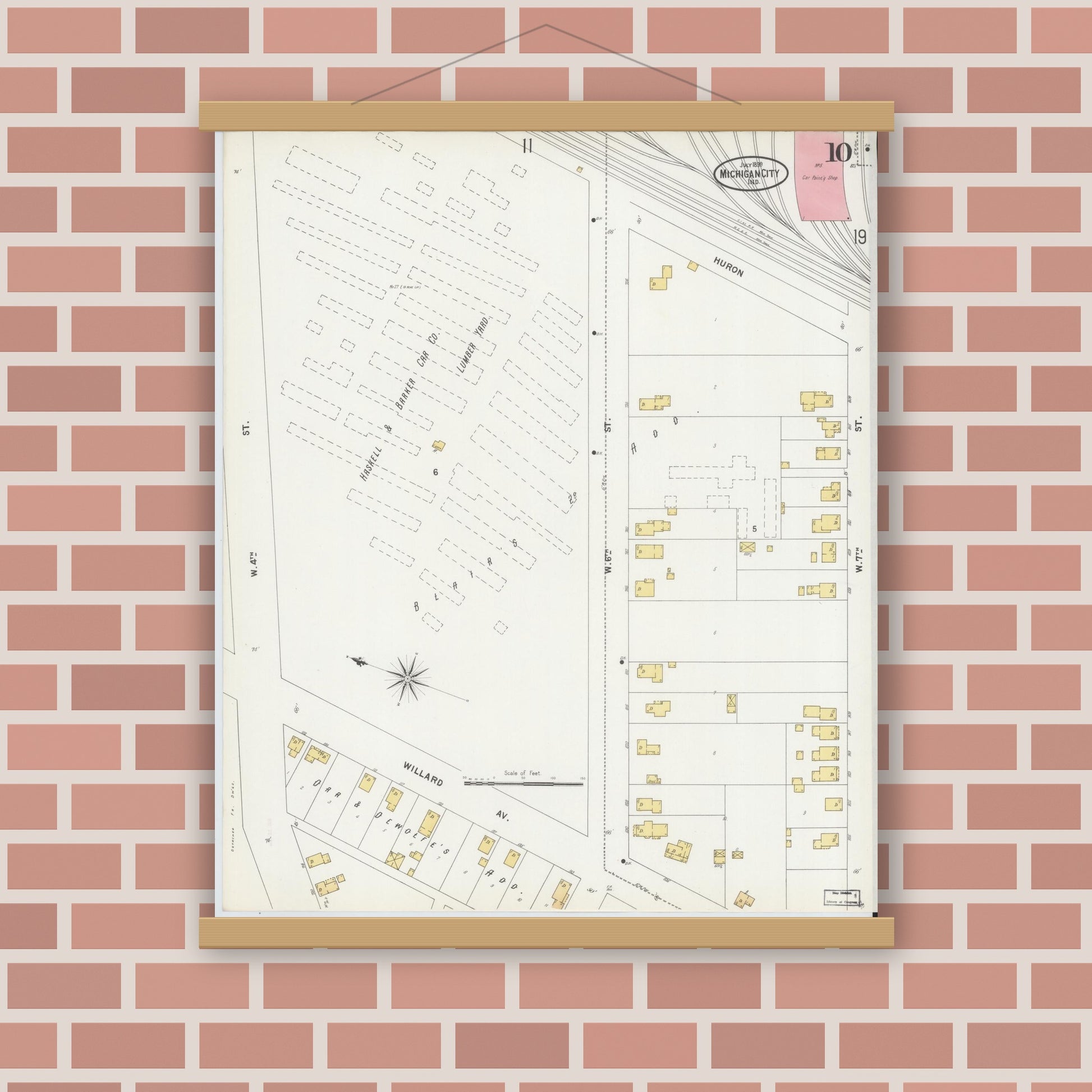 Old map wall art mockup — magnetic wood frame on brick wall — Sanborn Fire Insurance Map from Michigan City, La Porte County, Indiana (1899), Sheet #0010