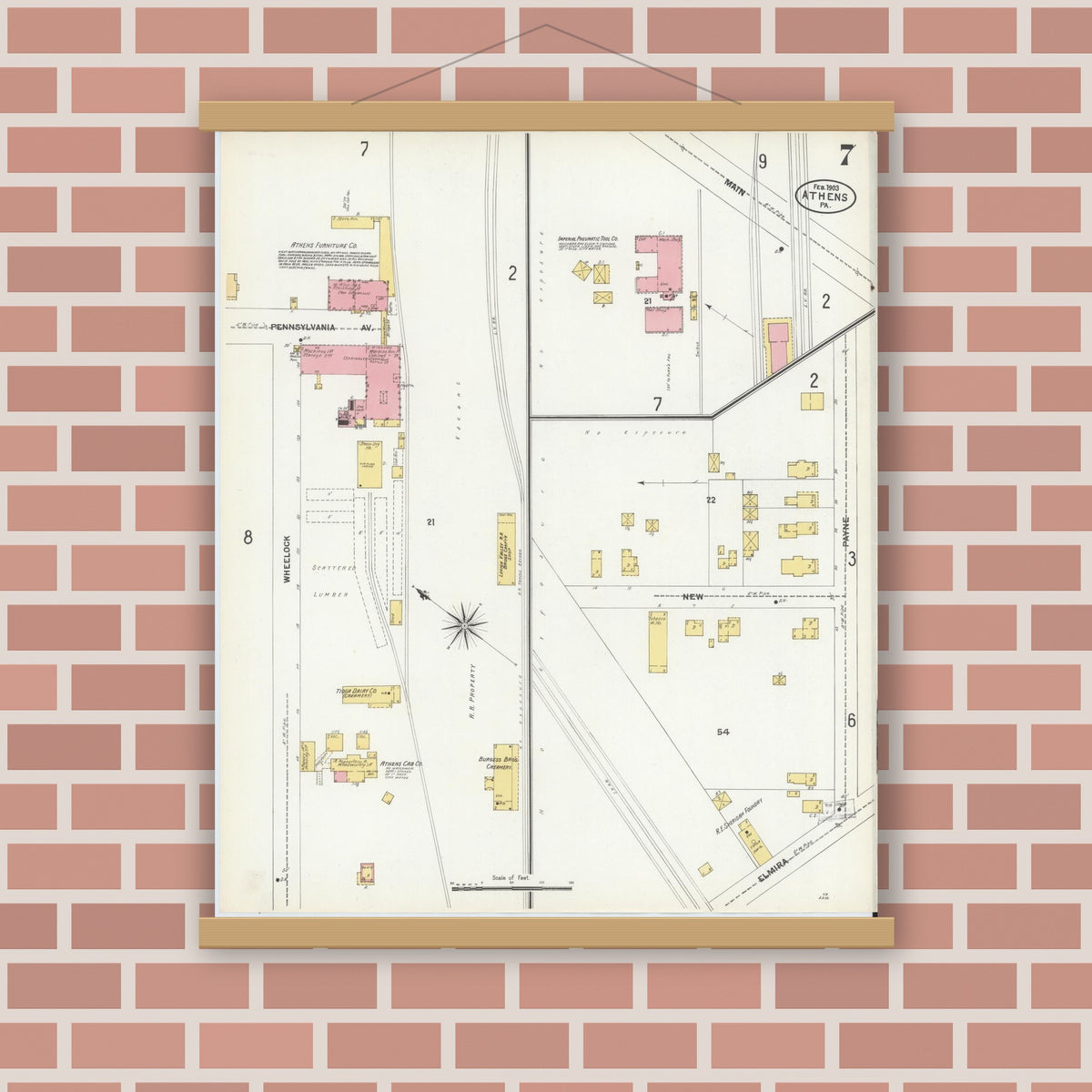 Old map wall art mockup — magnetic wood frame on brick wall — Sanborn Fire Insurance Map from Athens, Bradford County, Pennsylvania (1903), Sheet #0007