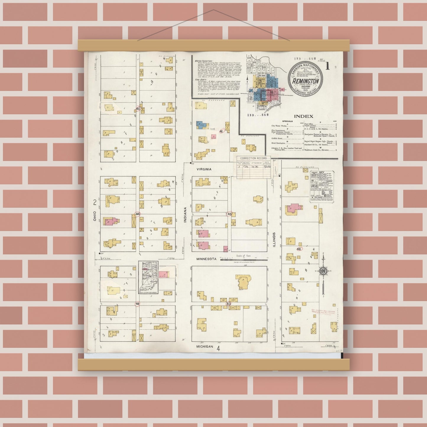 Old map wall art mockup — magnetic wood frame on brick wall — Sanborn Fire Insurance Map from Remington, Jasper County, Indiana (1932) - Complete Map Set