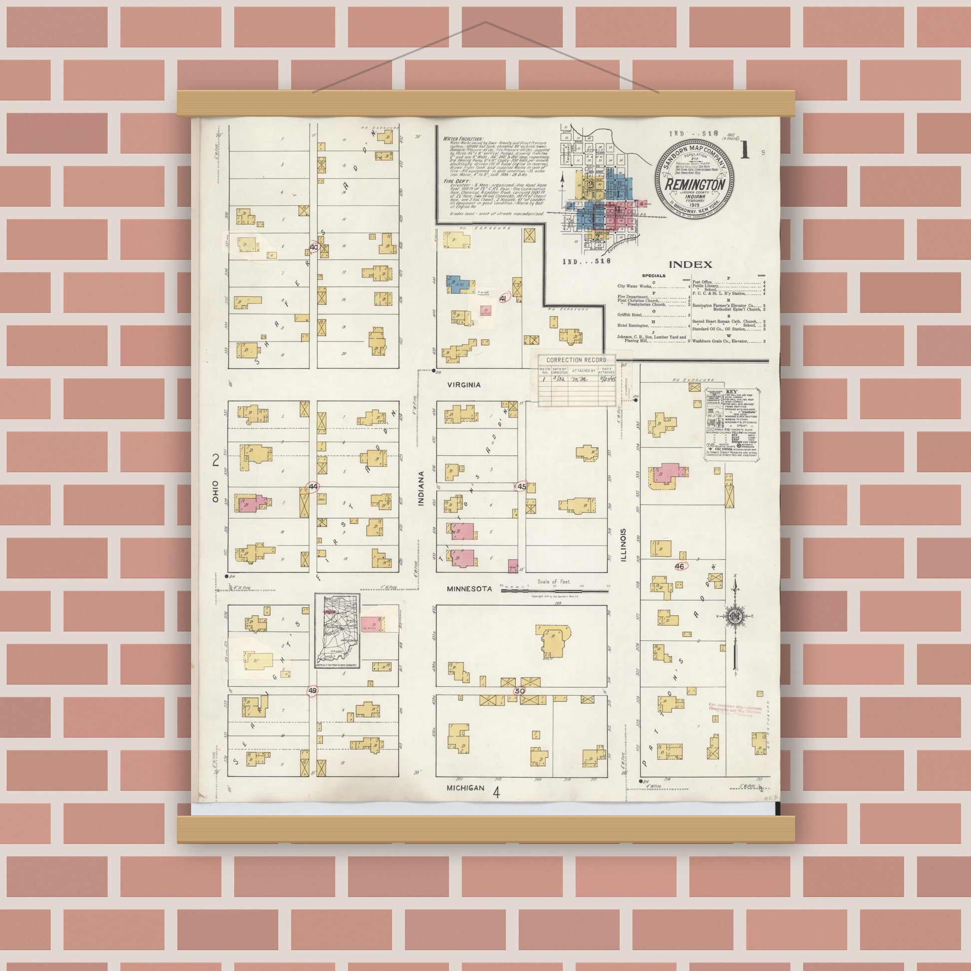 Old map wall art mockup — magnetic wood frame on brick wall — Sanborn Fire Insurance Map from Remington, Jasper County, Indiana (1932) - Complete Map Set