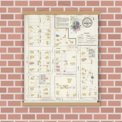 Old map wall art mockup — magnetic wood frame on brick wall — Sanborn Fire Insurance Map from Remington, Jasper County, Indiana (1932) - Complete Map Set