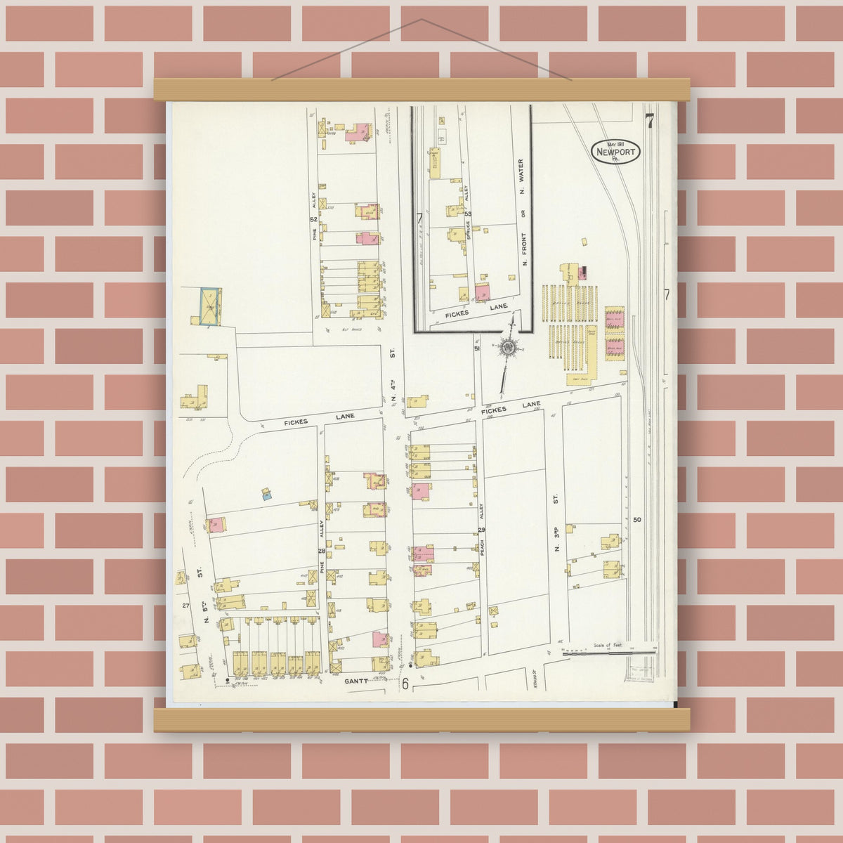 Old map wall art mockup — magnetic wood frame on brick wall — Sanborn Fire Insurance Map from Newport, Perry County, Pennsylvania (1911), Sheet #0007