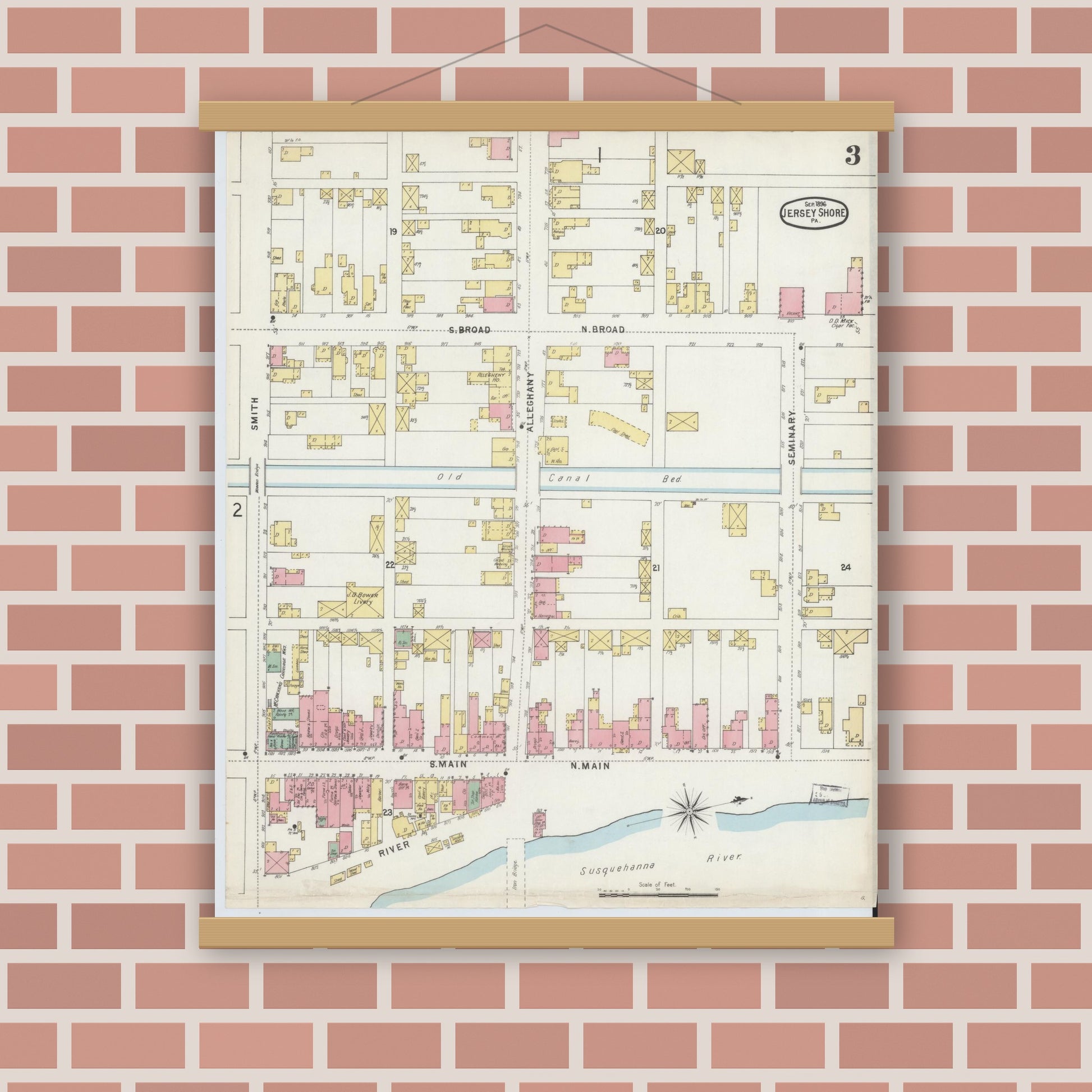 Old map wall art mockup — magnetic wood frame on brick wall — Sanborn Fire Insurance Map from Jersey Shore, Lycoming County, Pennsylvania (1896), Sheet #0003
