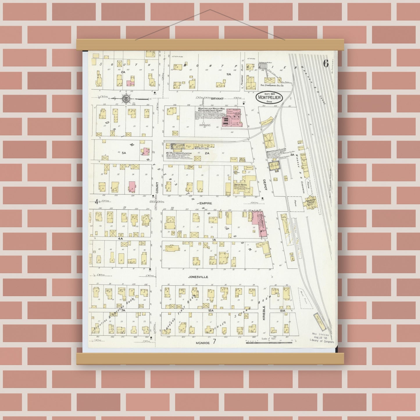 Old map wall art mockup — magnetic wood frame on brick wall — Sanborn Fire Insurance Map from Montpelier, Williams County, Ohio (1910), Sheet #0006