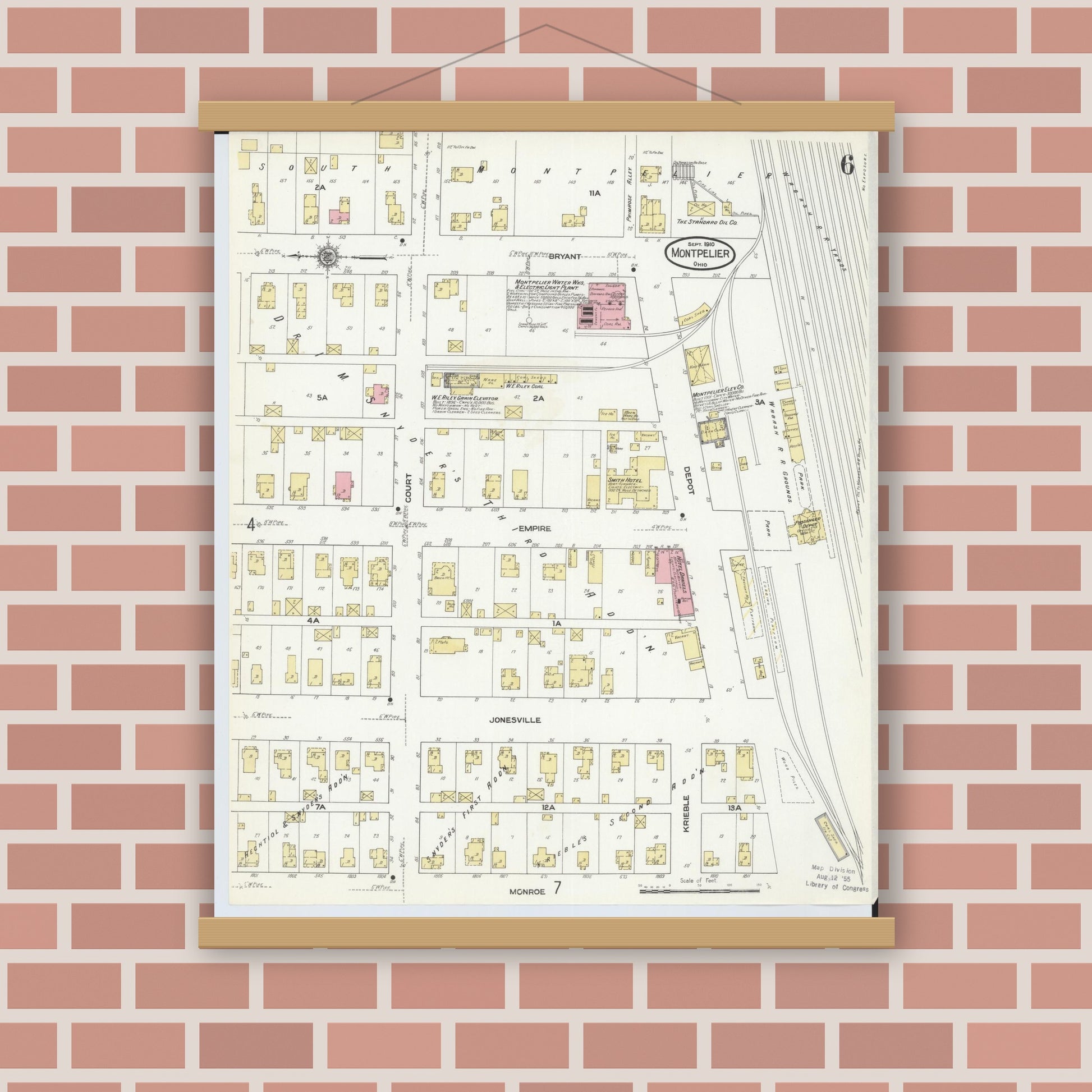 Old map wall art mockup — magnetic wood frame on brick wall — Sanborn Fire Insurance Map from Montpelier, Williams County, Ohio (1910), Sheet #0006