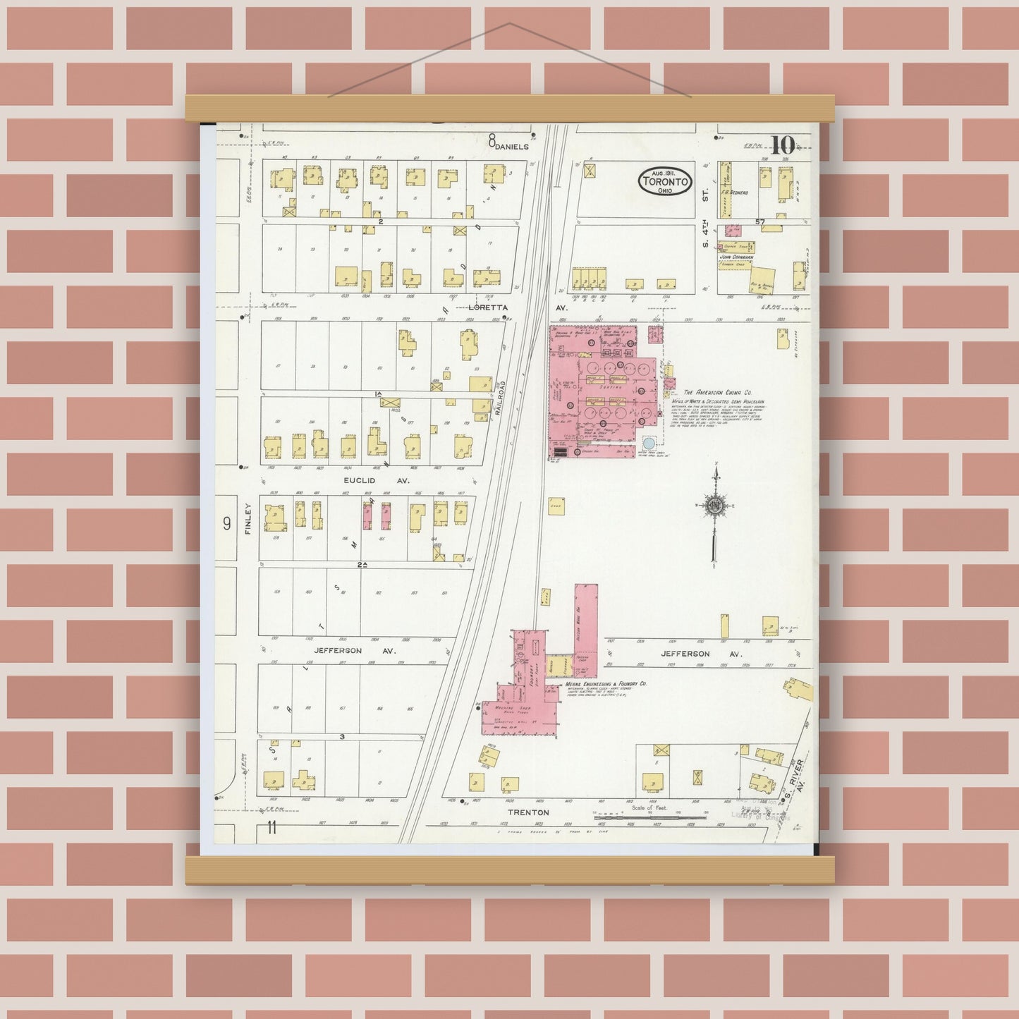 Old map wall art mockup — magnetic wood frame on brick wall — Sanborn Fire Insurance Map from Toronto, Jefferson County, Ohio (1911), Sheet #0010