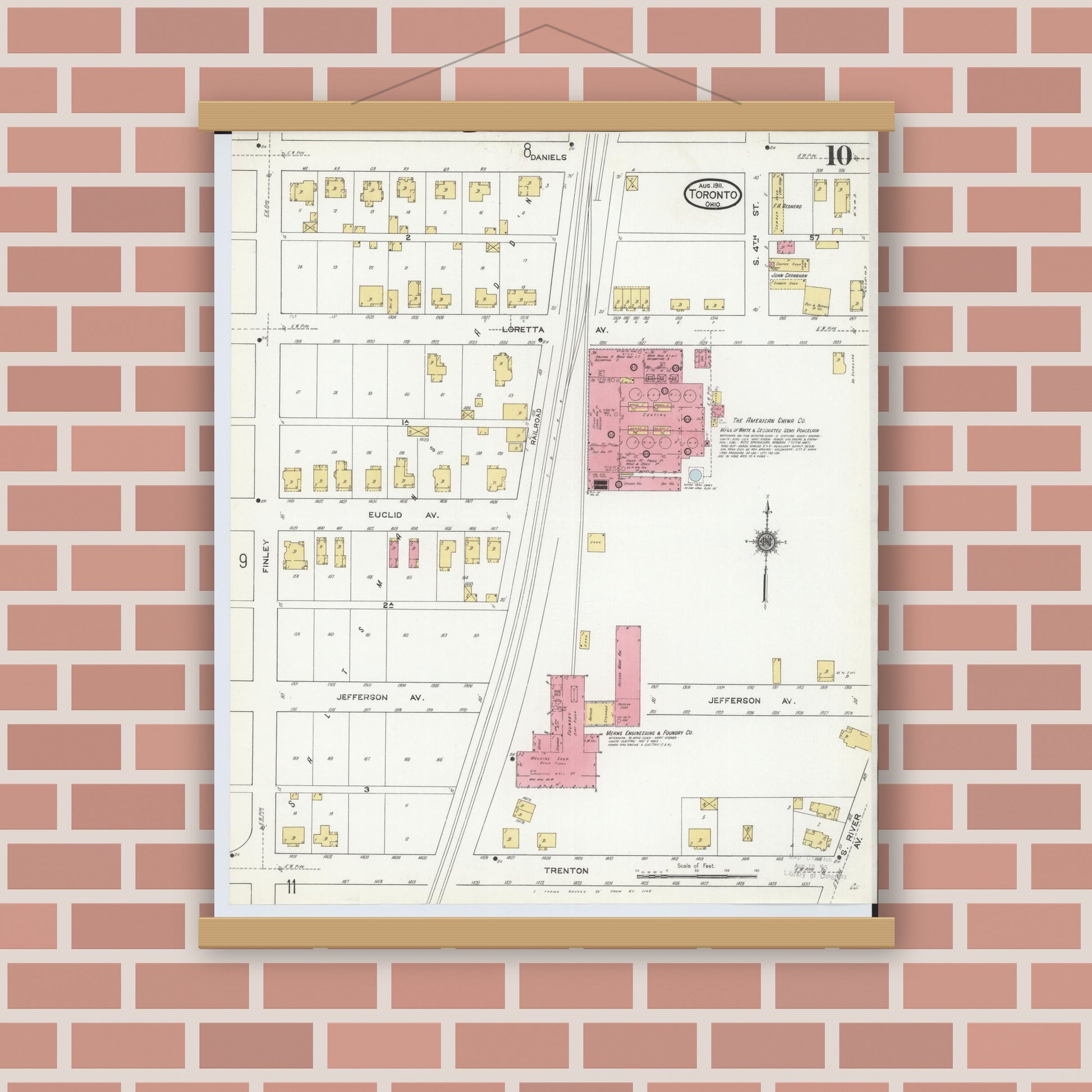 Old map wall art mockup — magnetic wood frame on brick wall — Sanborn Fire Insurance Map from Toronto, Jefferson County, Ohio (1911), Sheet #0010