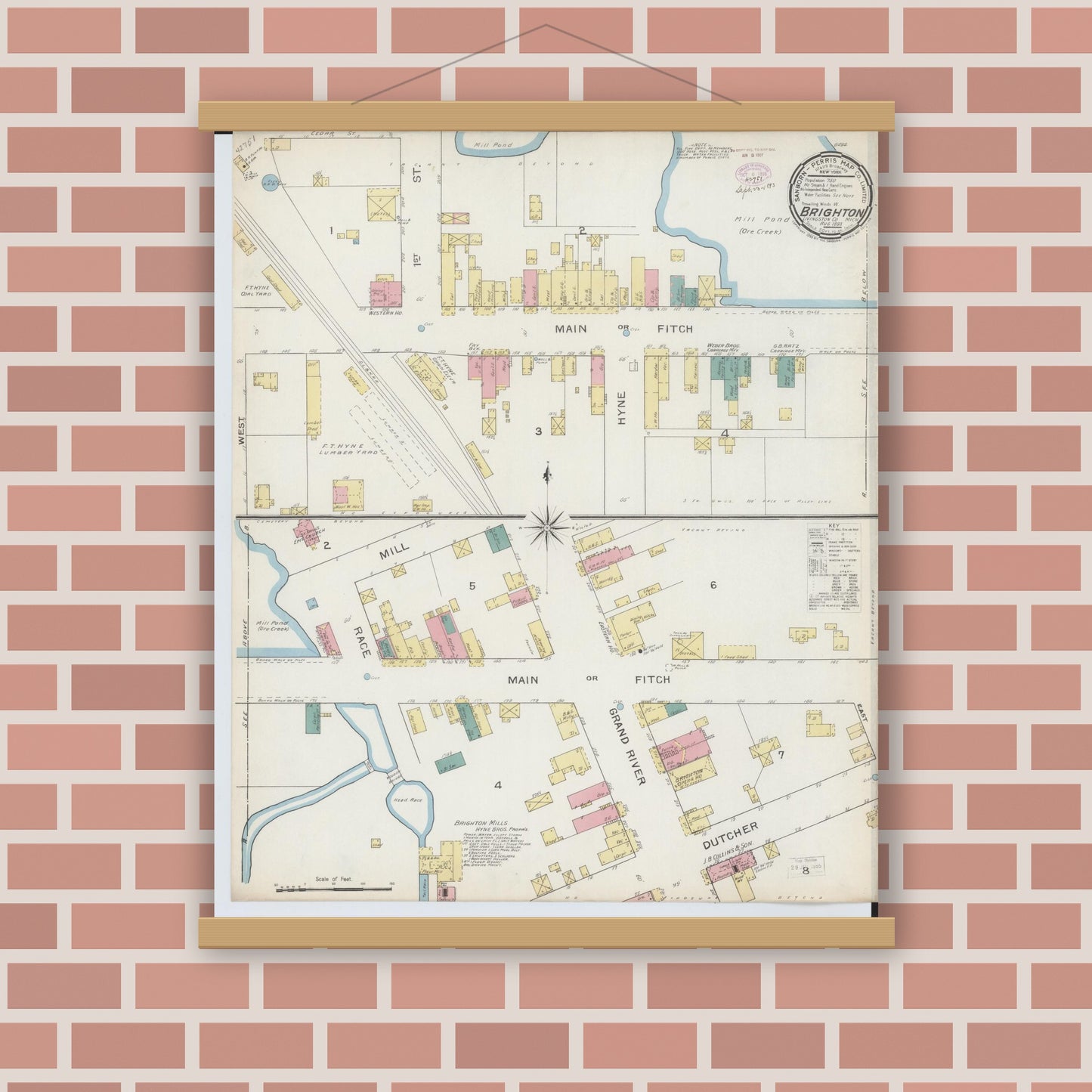 Old map wall art mockup — magnetic wood frame on brick wall — Sanborn Fire Insurance Map from Brighton, Livingston County, Michigan (1893), Sheet #0001