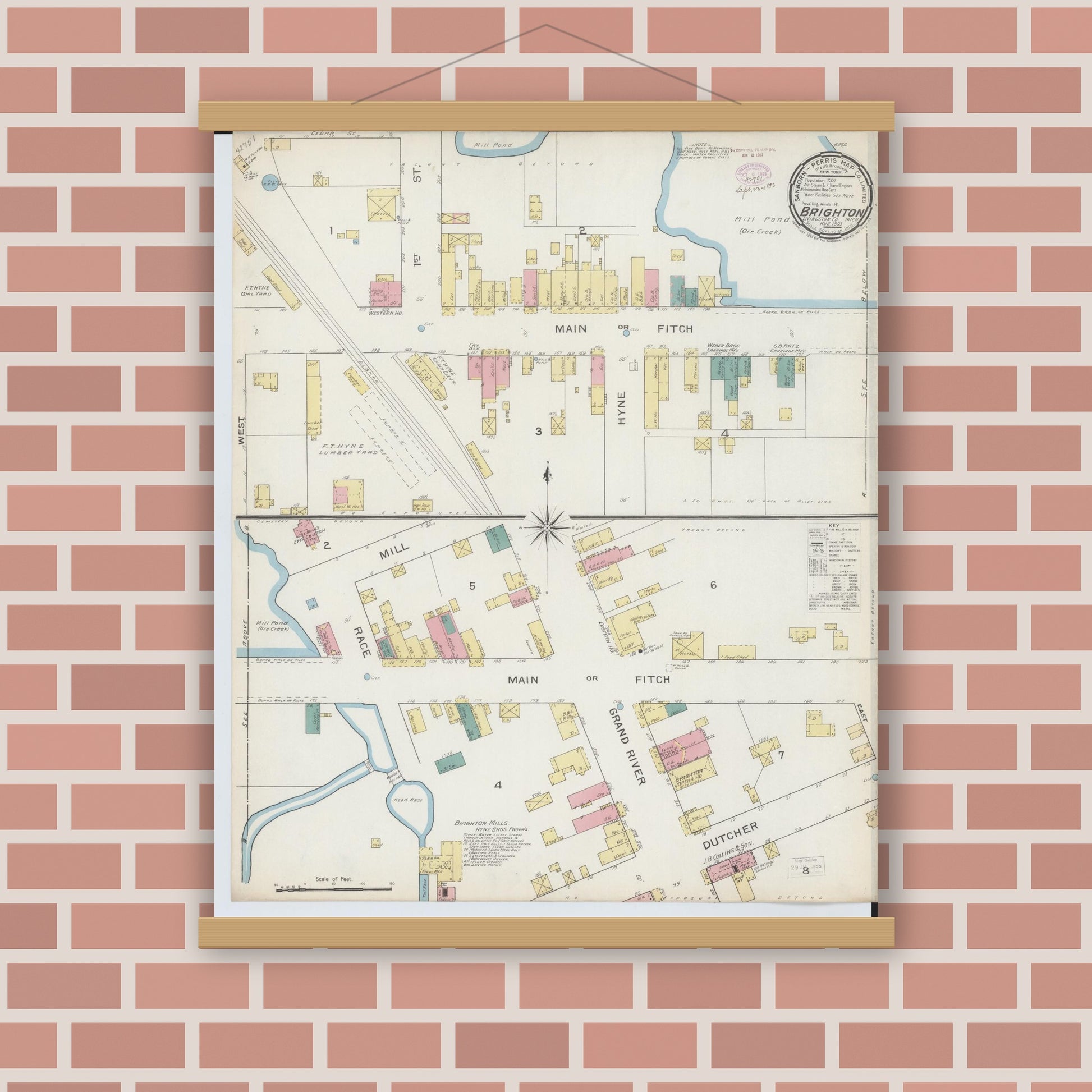 Old map wall art mockup — magnetic wood frame on brick wall — Sanborn Fire Insurance Map from Brighton, Livingston County, Michigan (1893), Sheet #0001